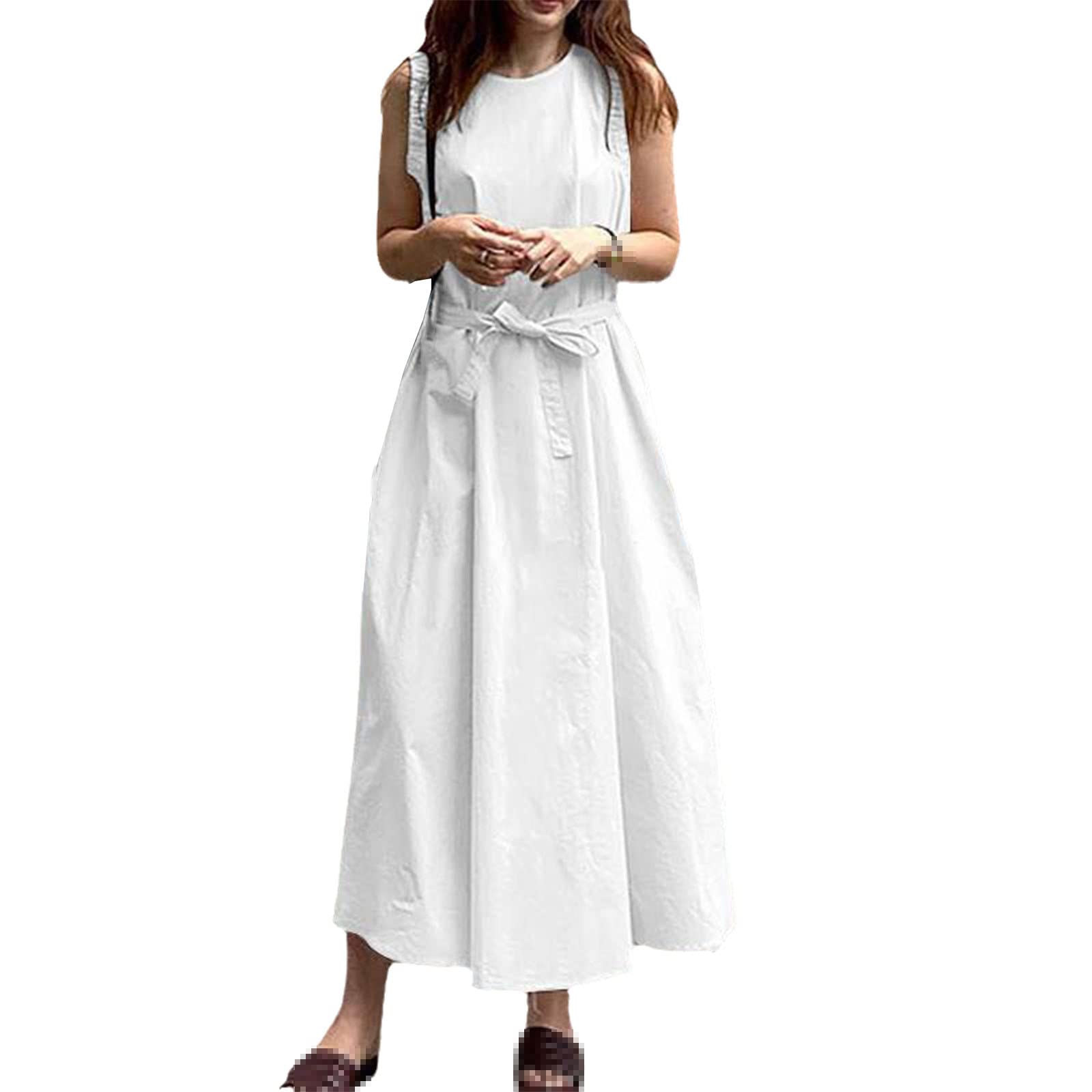 Women's Summer Kaftan Maxi Dress - Sleeveless Beach Cover Up with Belt, White Boho Holiday Dress for Vacation, Pool Party & Resort Wear