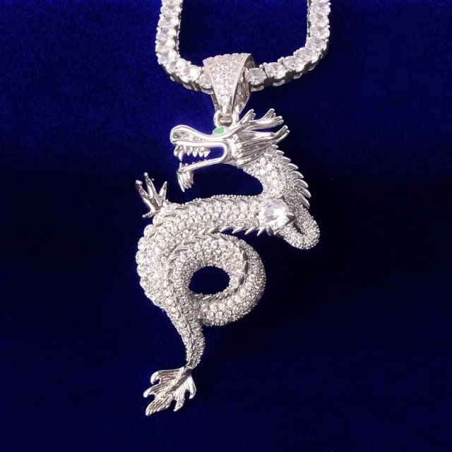 AAA Cubic Zirconia Dragon Pendant Necklace for Men - Iced Out Hip Hop Jewelry with Bubble Letter Anime Design | Perfect Gift for Rock Music Fans & Streetwear Enthusiasts | Great for Parties, Concerts and Fashion Statements