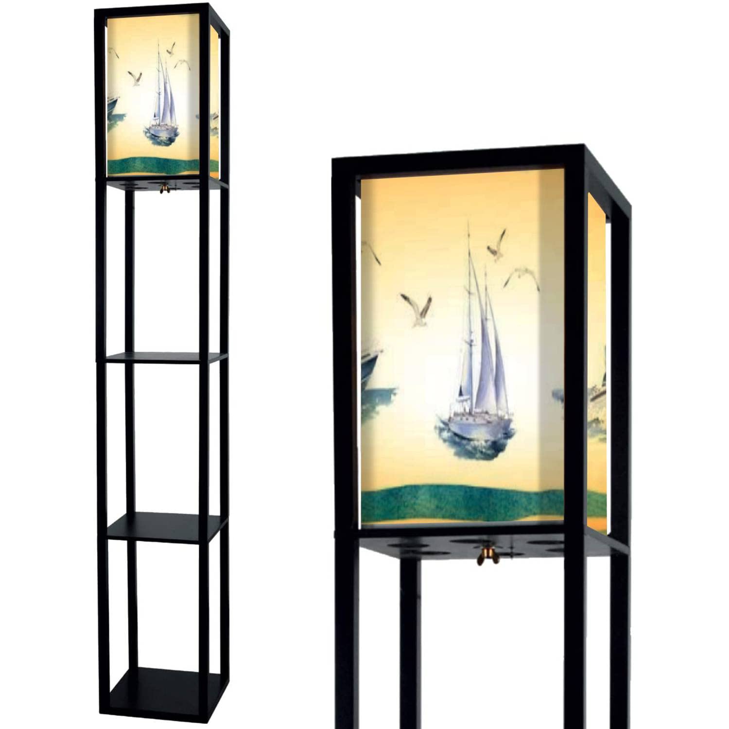 Stylish Blue Standing Floor Lamp with Shelves & Flaxen Fabric Shade - Tall Corner Lamp for Living Room & Bedroom - Nautical Yacht & Seagull Design - Perfect for Reading Nook, Home Office, or Coastal-Themed Decor