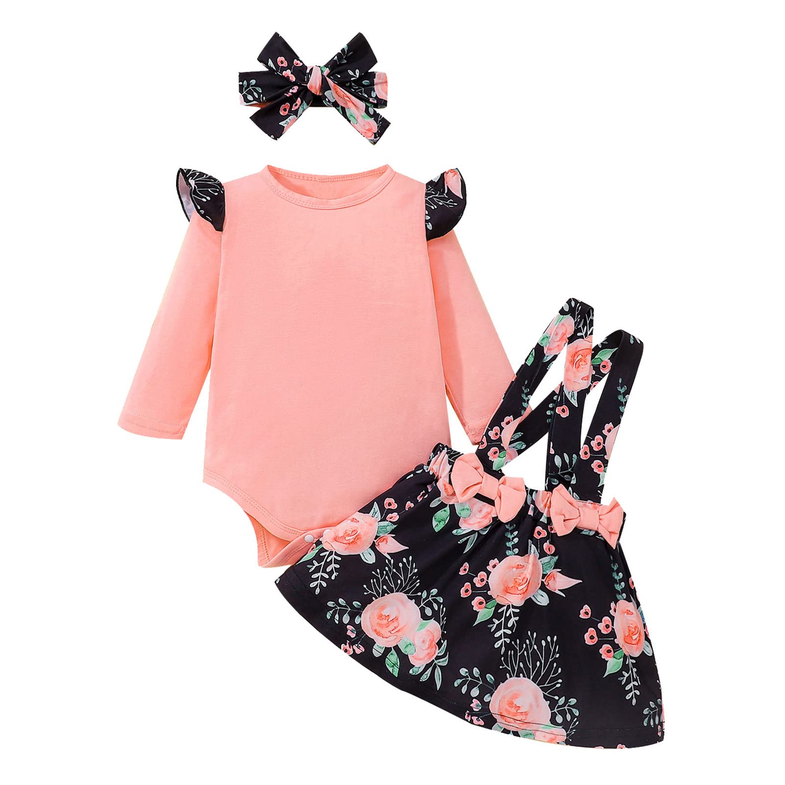 **Toddler Girl Outfits - Floral Print Long Sleeve Romper with Suspenders & Skirt Set - Baby Girl Bodysuits & Headbands - Perfect for Holidays, Photos & Gifts**