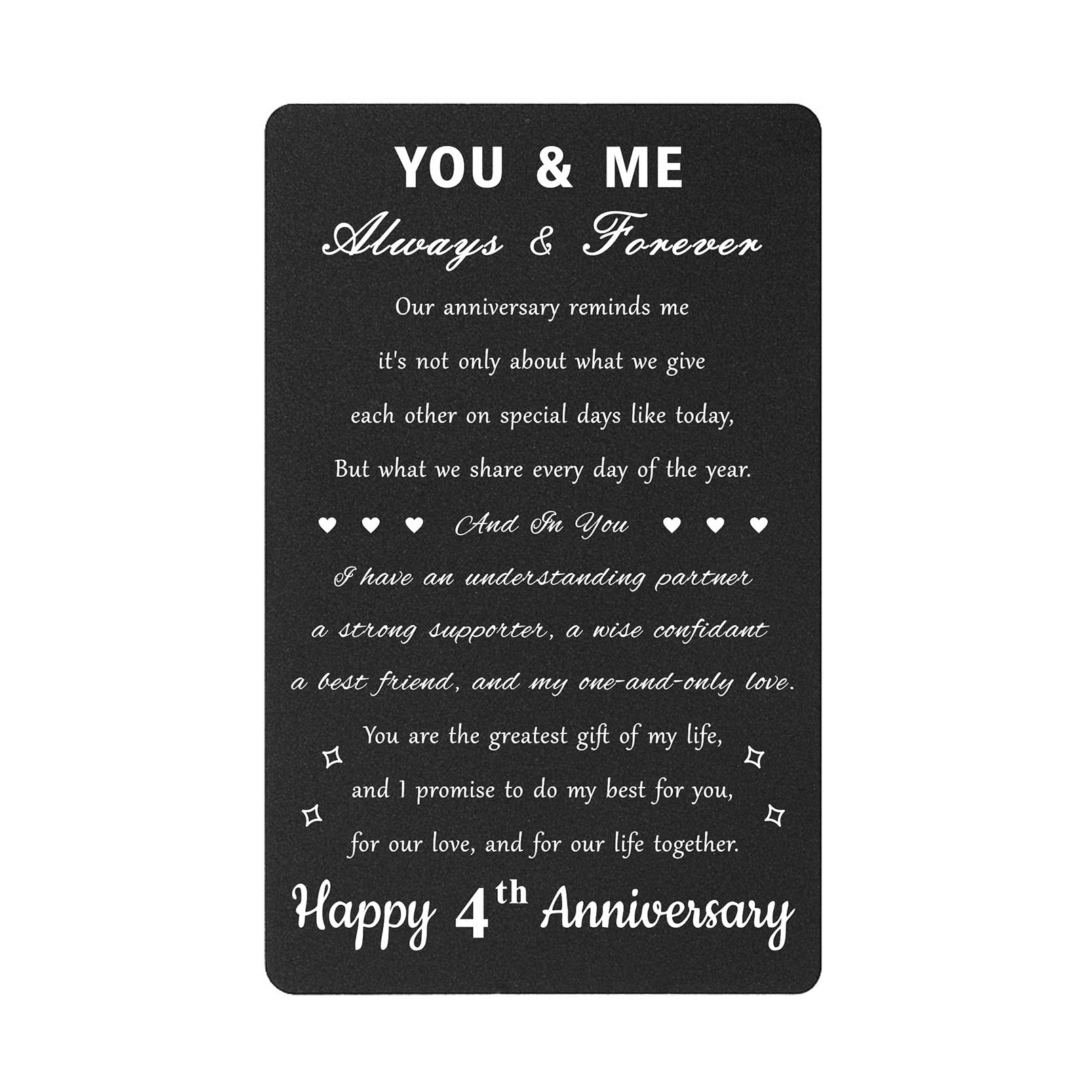 Personalized 4th Anniversary Card Gifts - Engraved Wallet Card for 4 Year Wedding Anniversary - Perfect for Romantic Gifts, Couples Keepsakes & Special Occasions