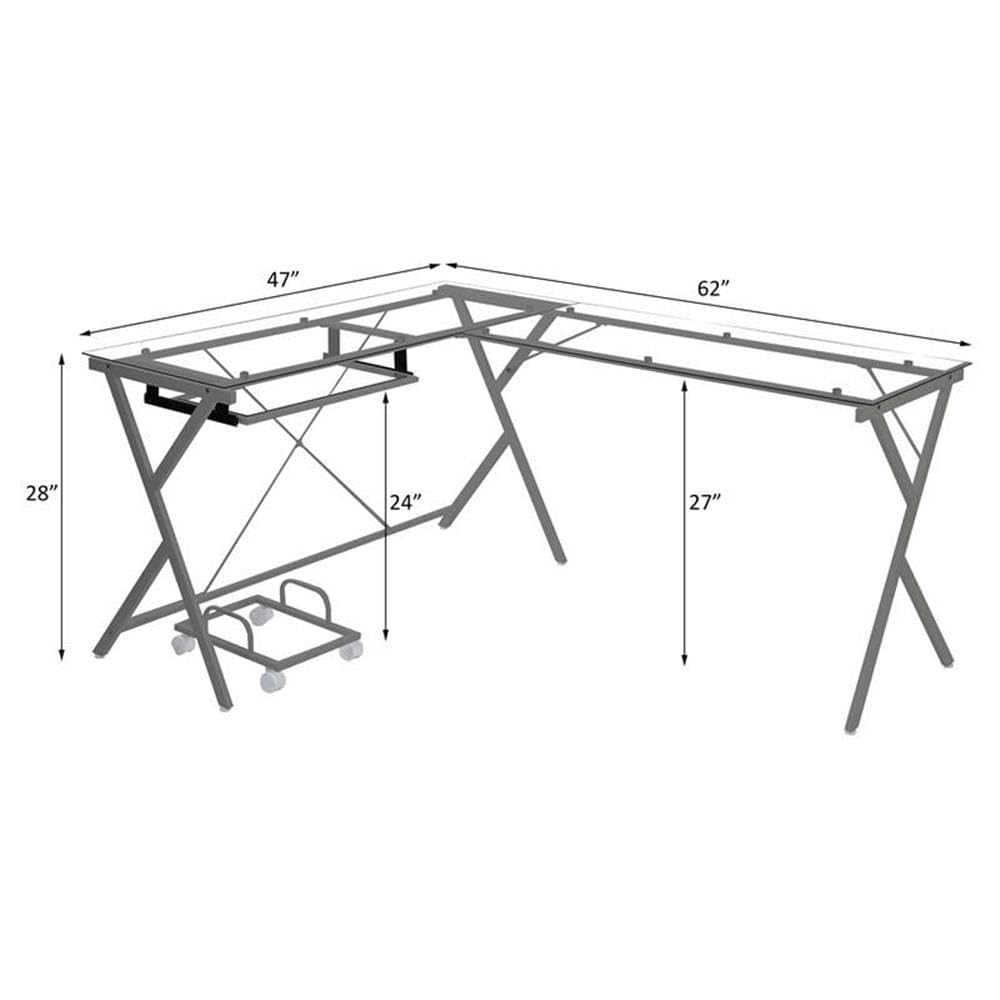 Acme Demas Clear Glass Top Computer Desk with Silver Frame - Modern Home Office Desk with Built-in Computer Holder for Work & Study
