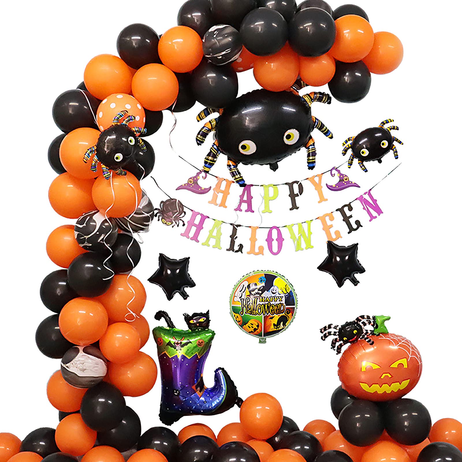 VBAEYY Halloween Balloon Arch Garland - Orange & Black Confetti Balloons with Mylar Spider Decorations for Halloween Party Decor, Photo Backdrops & Spooky Home Decorations