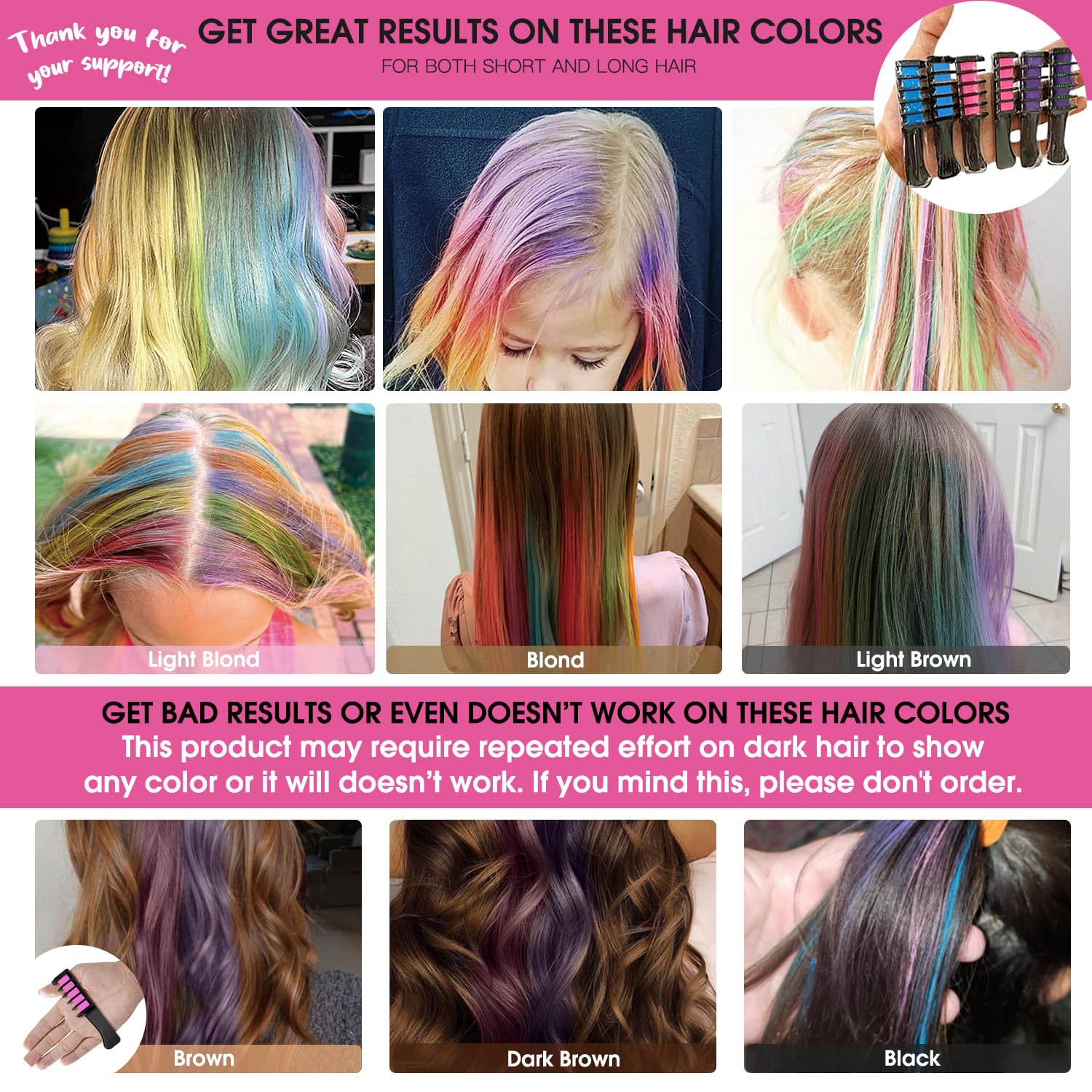 Washable Temporary Hair Chalk Comb - Non-Toxic Hair Dye for Kids & Girls (Blue, Pink, Purple) | Perfect for Light Hair, Birthday Parties, Cosplay, Easter & DIY Styling | Safe for Ages 4-10