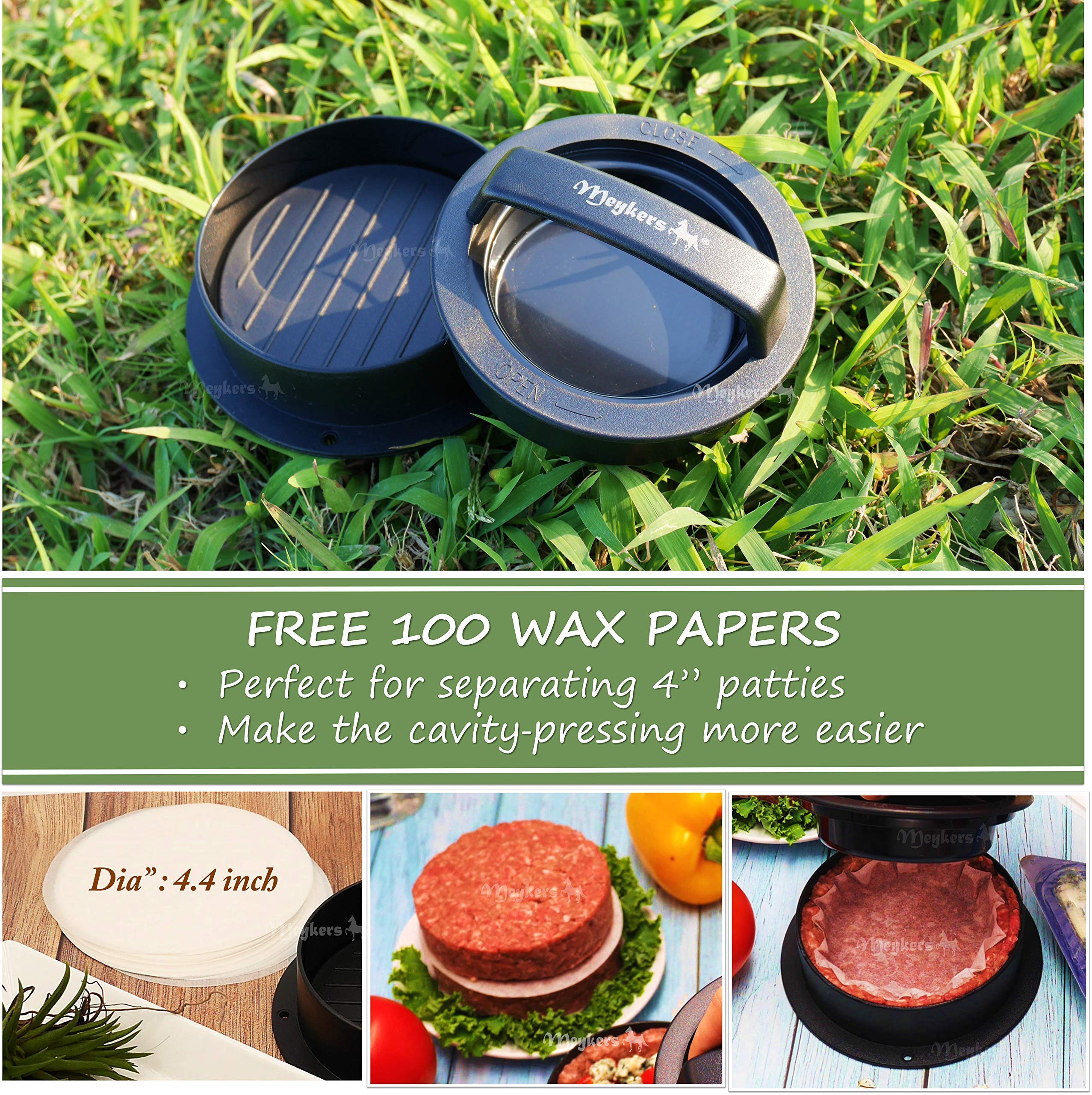 Meykers 3-in-1 Non-Stick Hamburger Patty Press Maker with 100 Wax Papers - Perfect for Cheeseburgers, Sliders, Stuffed Burgers, Beef & Vegan Patties - Ideal for BBQ, Grilling, Home Cooking & Outdoor Parties