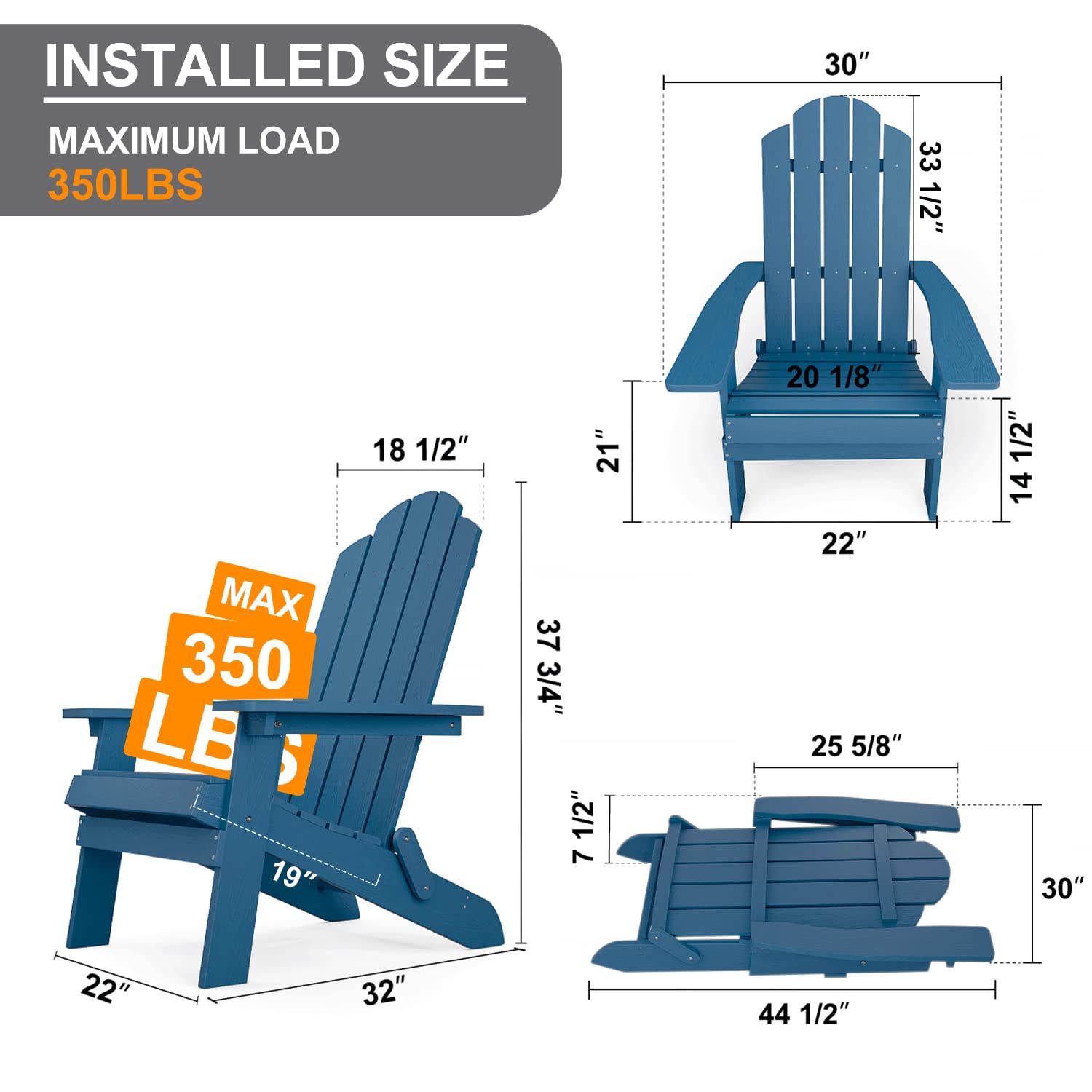 MXIMU Folding Adirondack Chair - Heavy Duty Plastic Outdoor Lounge Chair for Patio, Backyard, Garden, Camping & Fire Pit - Navy Blue Comfort Seat for Relaxing
