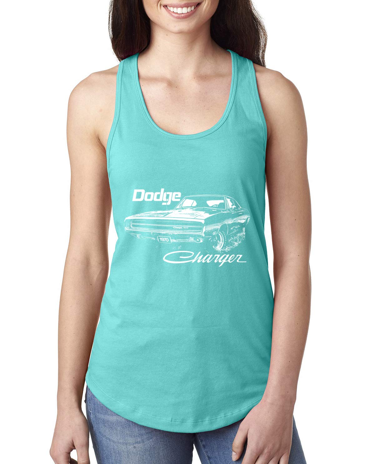 Vintage 1970 Dodge Charger Racing White Women's Racerback Tank Top - Retro Muscle Car Lover Gift, Casual Summer Outfit, Car Show & Racing Event Apparel
