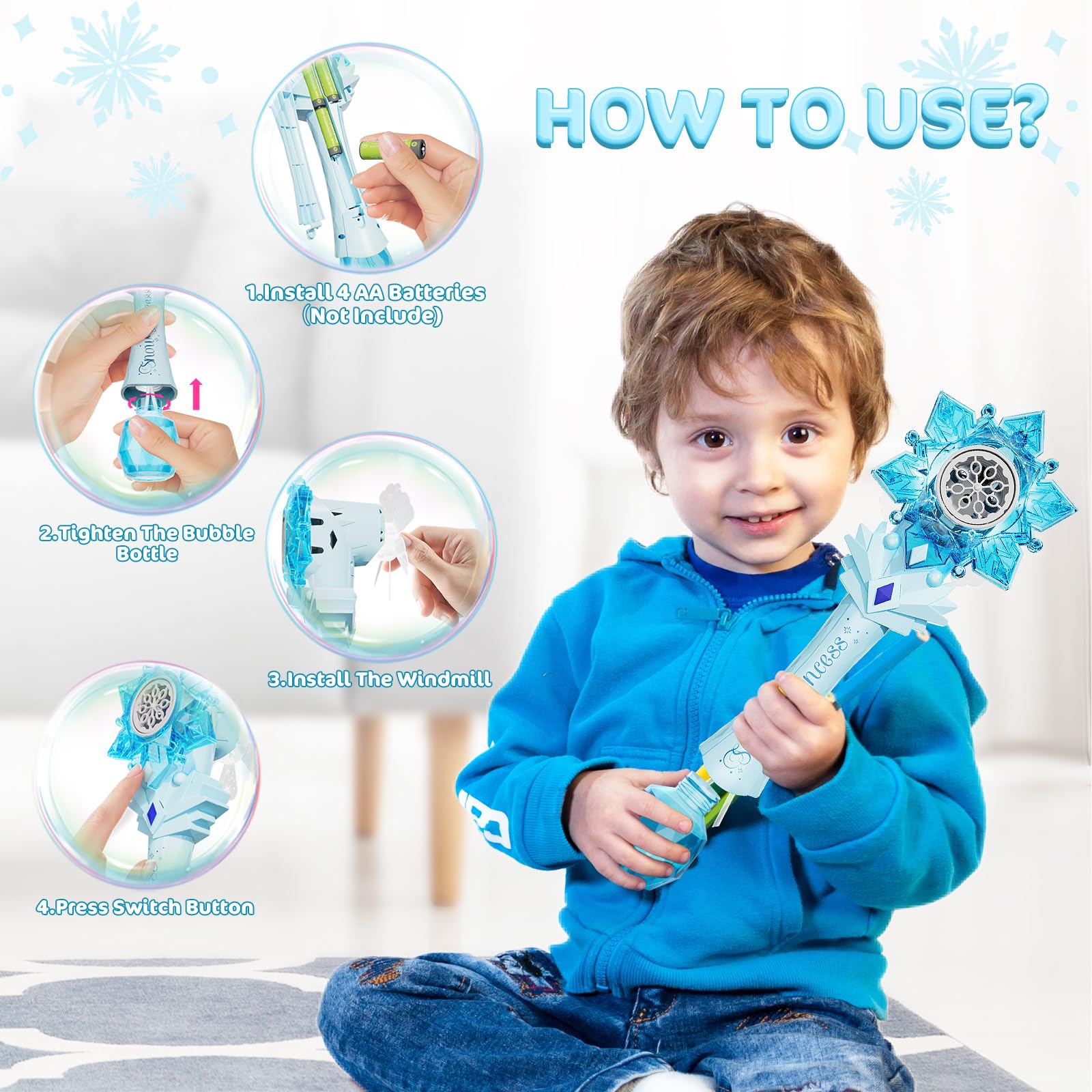 VATOS Automatic Bubble Blower Machine for Kids - 2 Pack Snowflake Bubble Wands with Lights & Music, Includes 2 Windmills & 4 Bottles Bubble Solution - Fun Bubble Toys for Toddlers, Boys, Girls & Adults - Perfect for Birthday Parties, Outdoor Play & Summer Activities