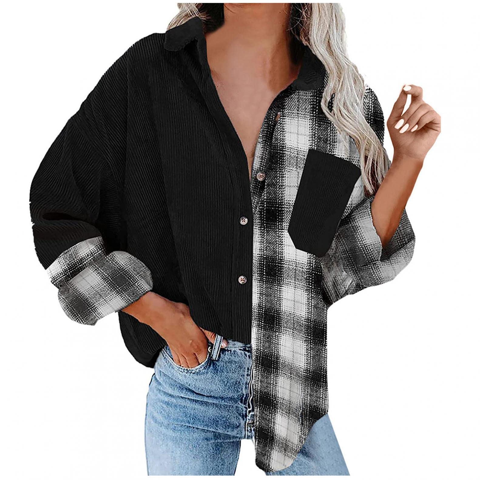 Women's Plaid & Corduroy Button-Down Shacket - Long Sleeve Fashion Top with Pocket for Casual Outfits & Layering | Perfect for Fall, Winter & Outdoor Activities
