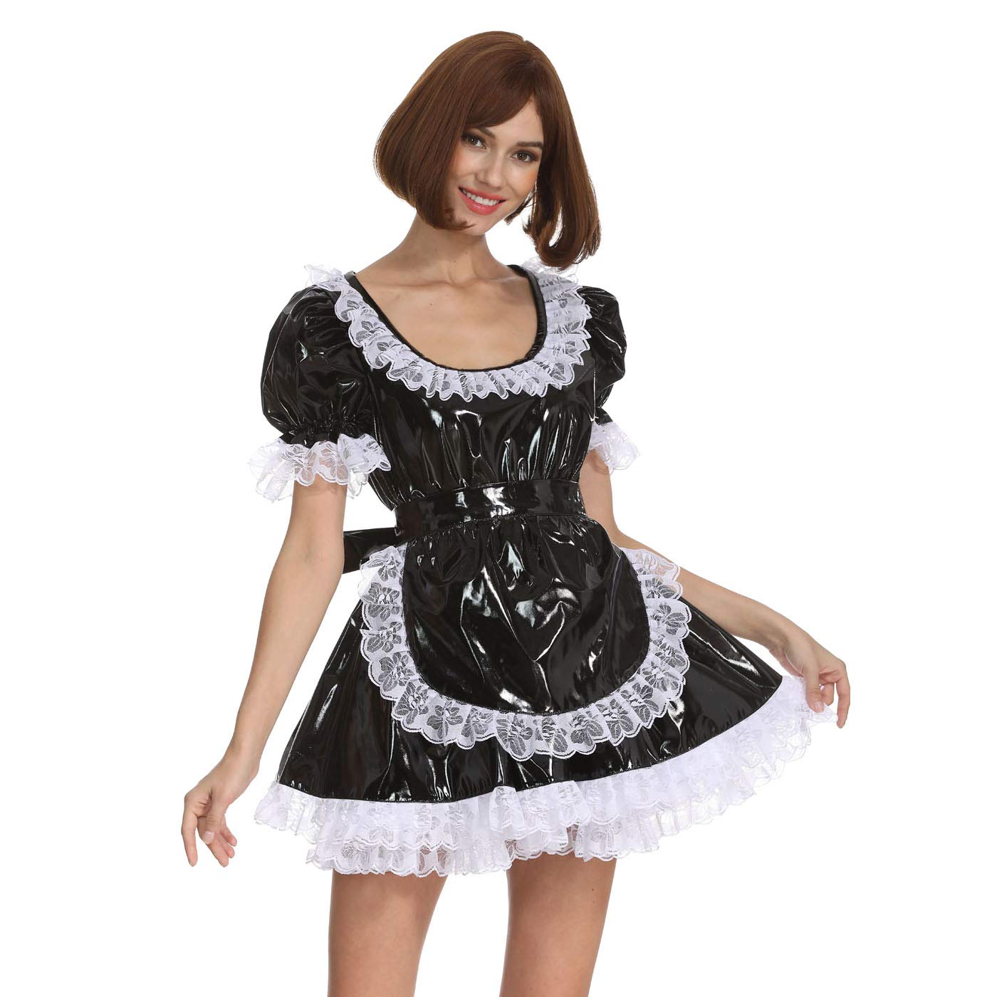 Women's Sissy Round Neck Lace Black PVC Dress with Puff Ball Sleeves - Crossdress Gothic Fashion for Parties & Cosplay