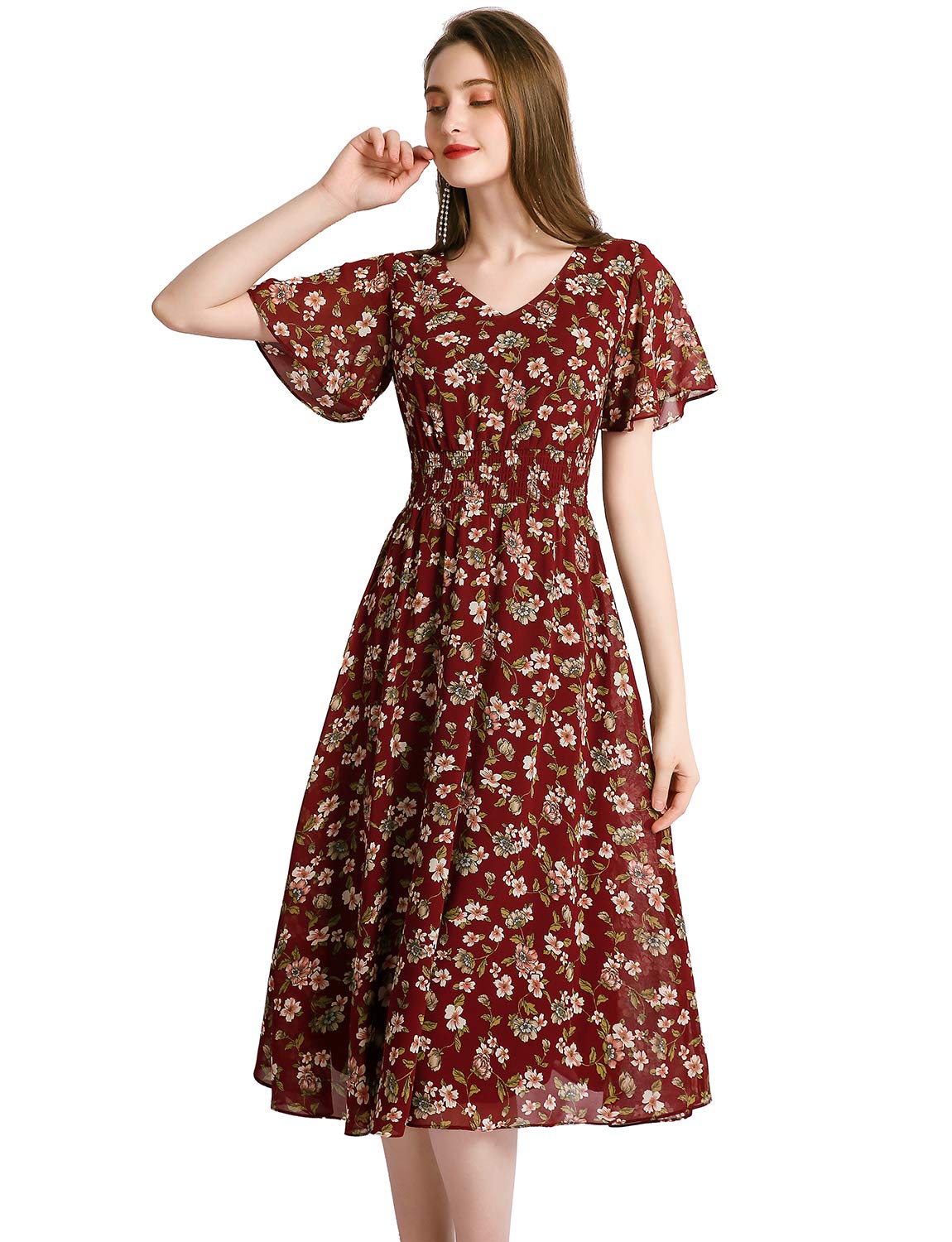 Floral Chiffon Summer Dress for Women - Elastic Waist Beach Sundress | Perfect for Beach Vacations, Garden Weddings & Outdoor Parties
