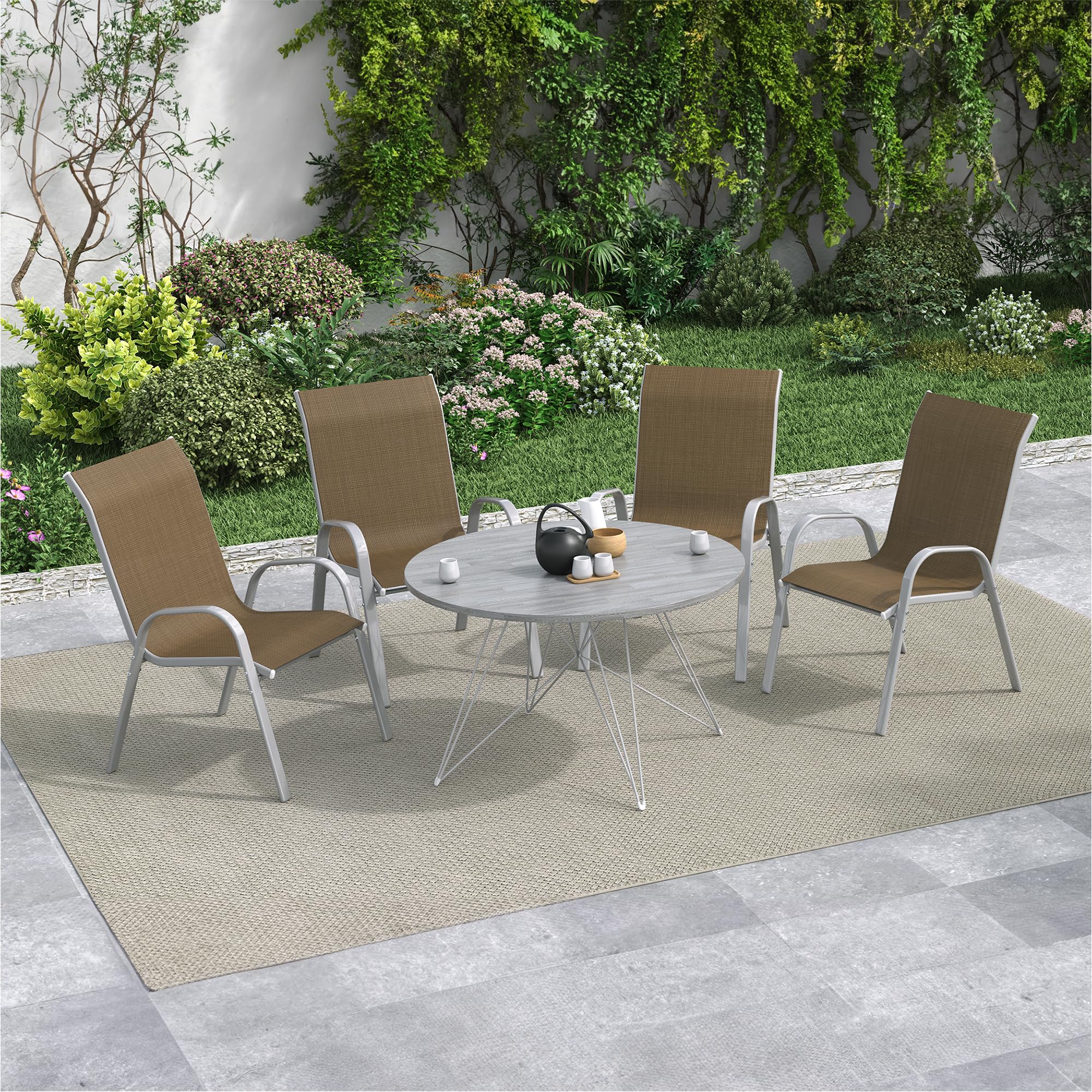 Amopatio 4-Piece Stackable Patio Dining Chairs Set - Weather-Resistant Outdoor Furniture for Backyard, Deck & Garden - Breathable Comfortable Silver-Brown Chairs for All-Season Use | Perfect for BBQs, Poolside Relaxation & Outdoor Entertaining
