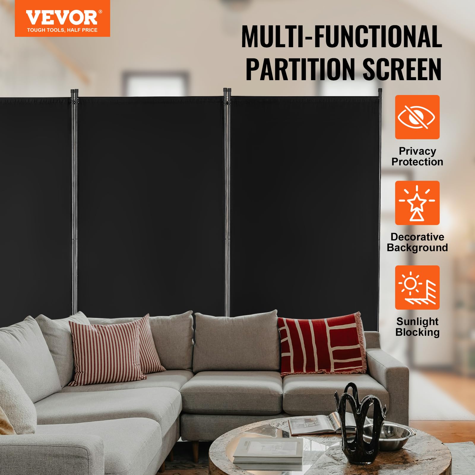 VEVOR 3-Panel Folding Room Divider - Black Freestanding Privacy Screen for Office, Bedroom, Living Room | Portable Partition for Home & Office Space Separation | Perfect for Creating Private Workspaces or Dividing Large Rooms
