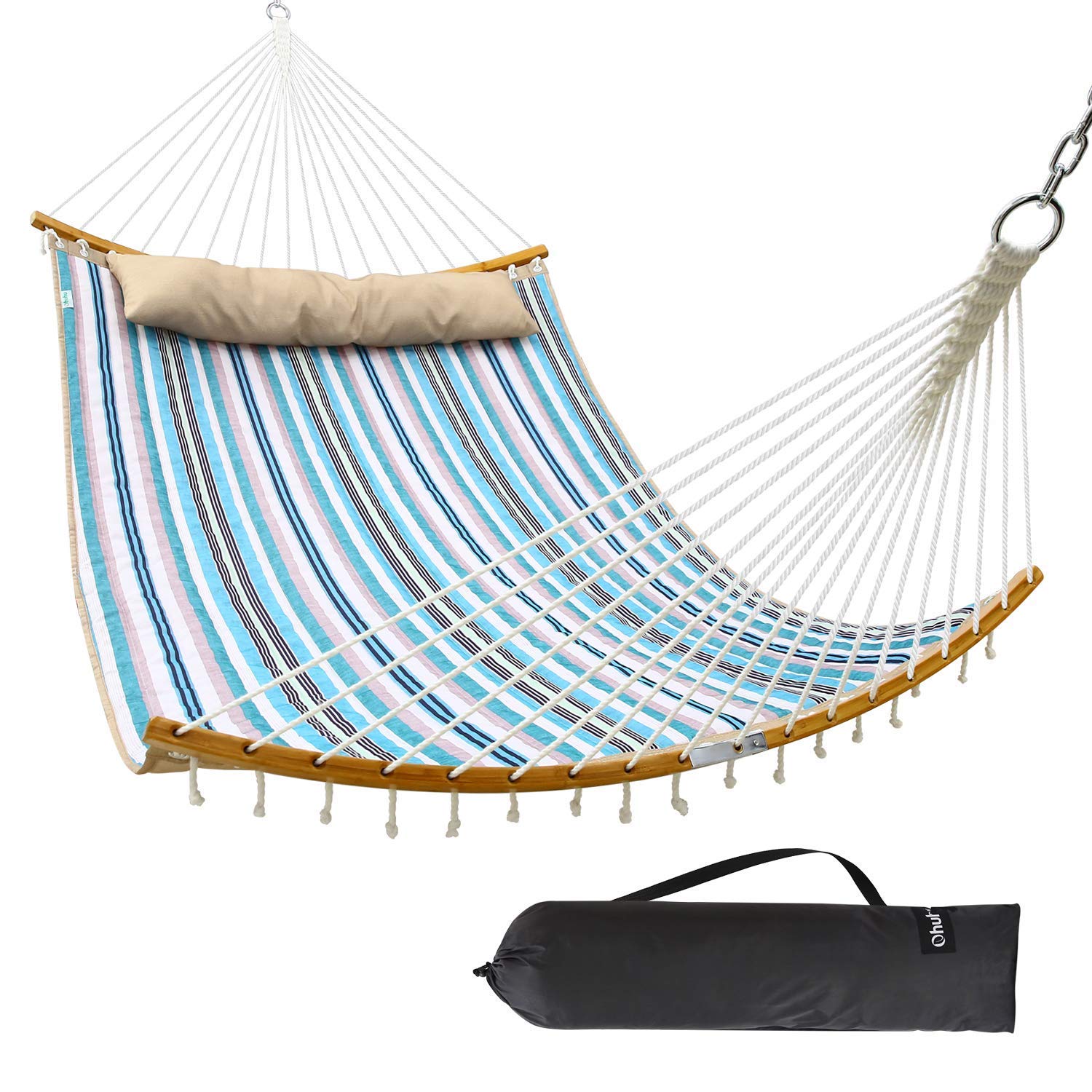 Ohuhu 2 Person 11 FT Double Hammock Swing - Portable Quilted Fabric Hammock with Folding Bamboo Spreader Bar & Pillow - Large Hammock Bed for Indoor, Outdoor, Yard, Porch, Garden, Balcony - Perfect for Relaxing, Camping, and Backyard Lounging