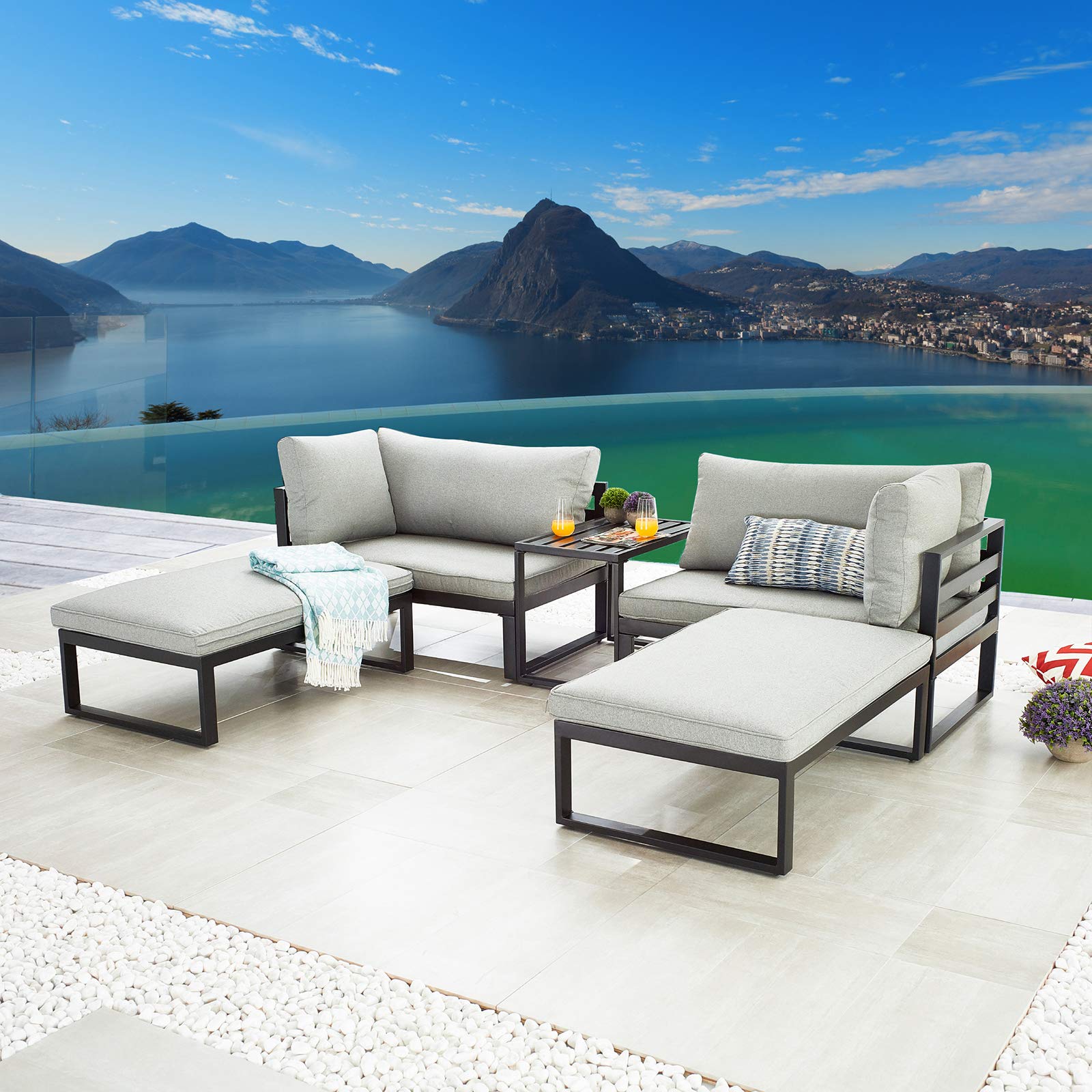 5-Piece Outdoor Patio Sectional Furniture Set with Cushions - Metal Corner Sofa, Coffee Table & Ottomans for Backyard, Garden or Poolside (Grey)
