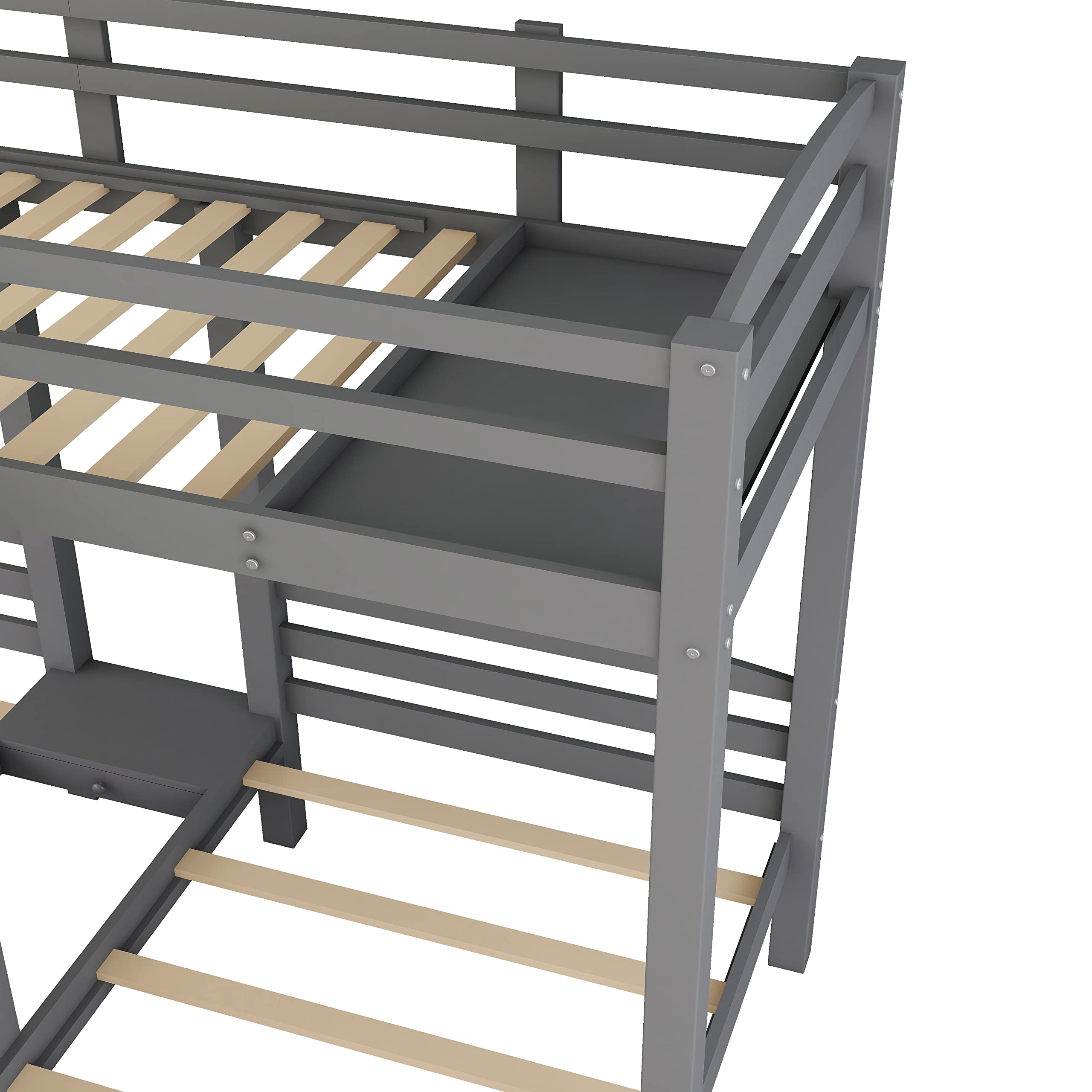 P PURLOVE Triple Bunk Bed for Kids & Teens - Twin Over Twin Wooden Bunk Bed with Built-in Staircase, Storage Drawers & Shelf - Space-Saving 3 Tier Bunk Bed Frame for Bedroom, Dorm, or Kids' Room - Gray