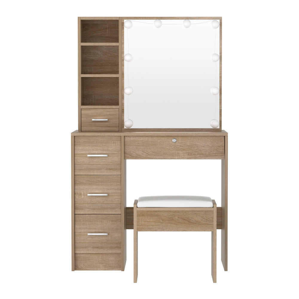 Vanity Dressing Table Set with Stool & 10 LED Bulbs - Wooden Makeup Desk for Bedroom, Boudoir, and Beauty Salon | Perfect for Makeup Application, Hair Styling & Home Decor