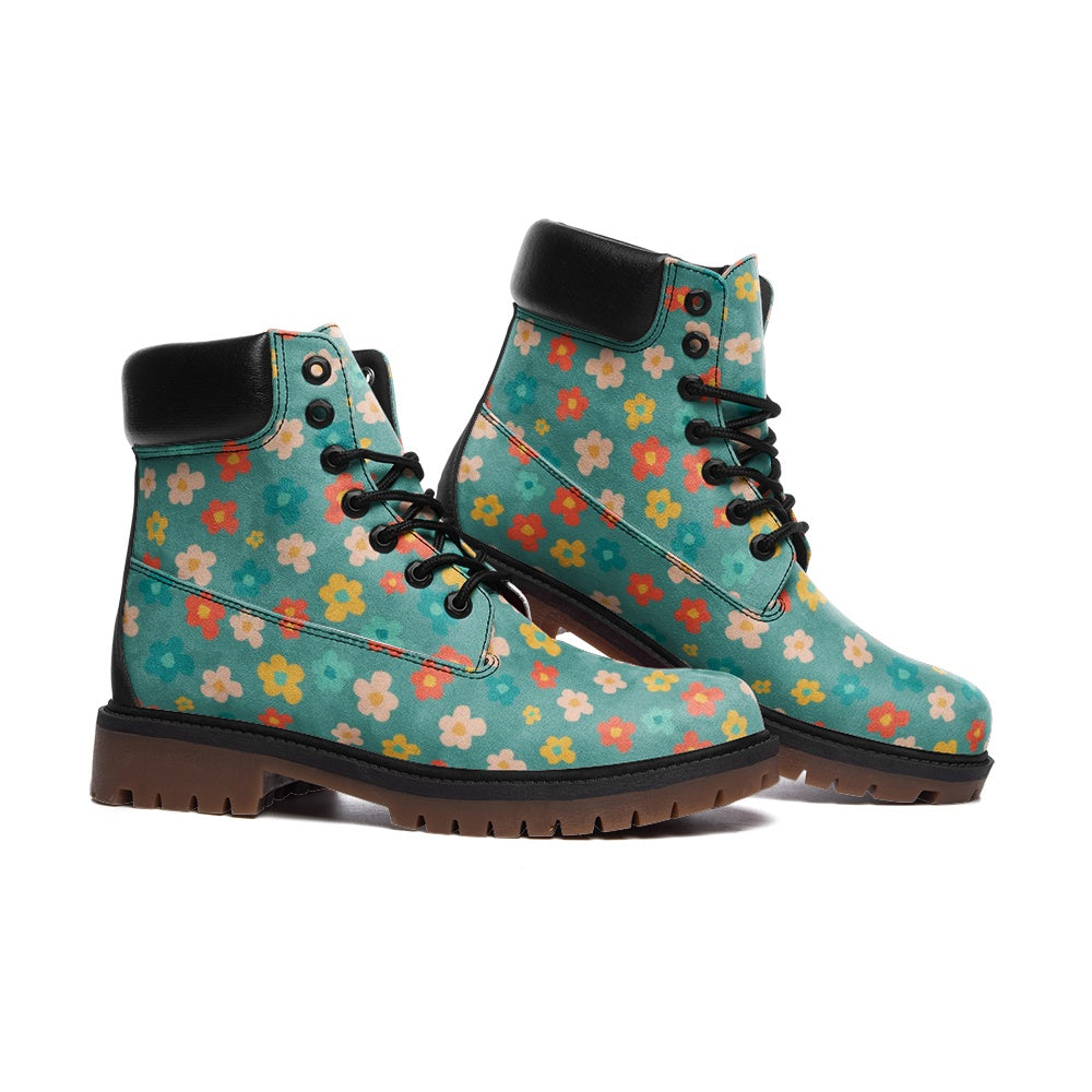 Stylish Unisex Faux Leather Combat Boots with Floral Blue Print - Perfect for Punk Fashion, Cosplay & Everyday Streetwear