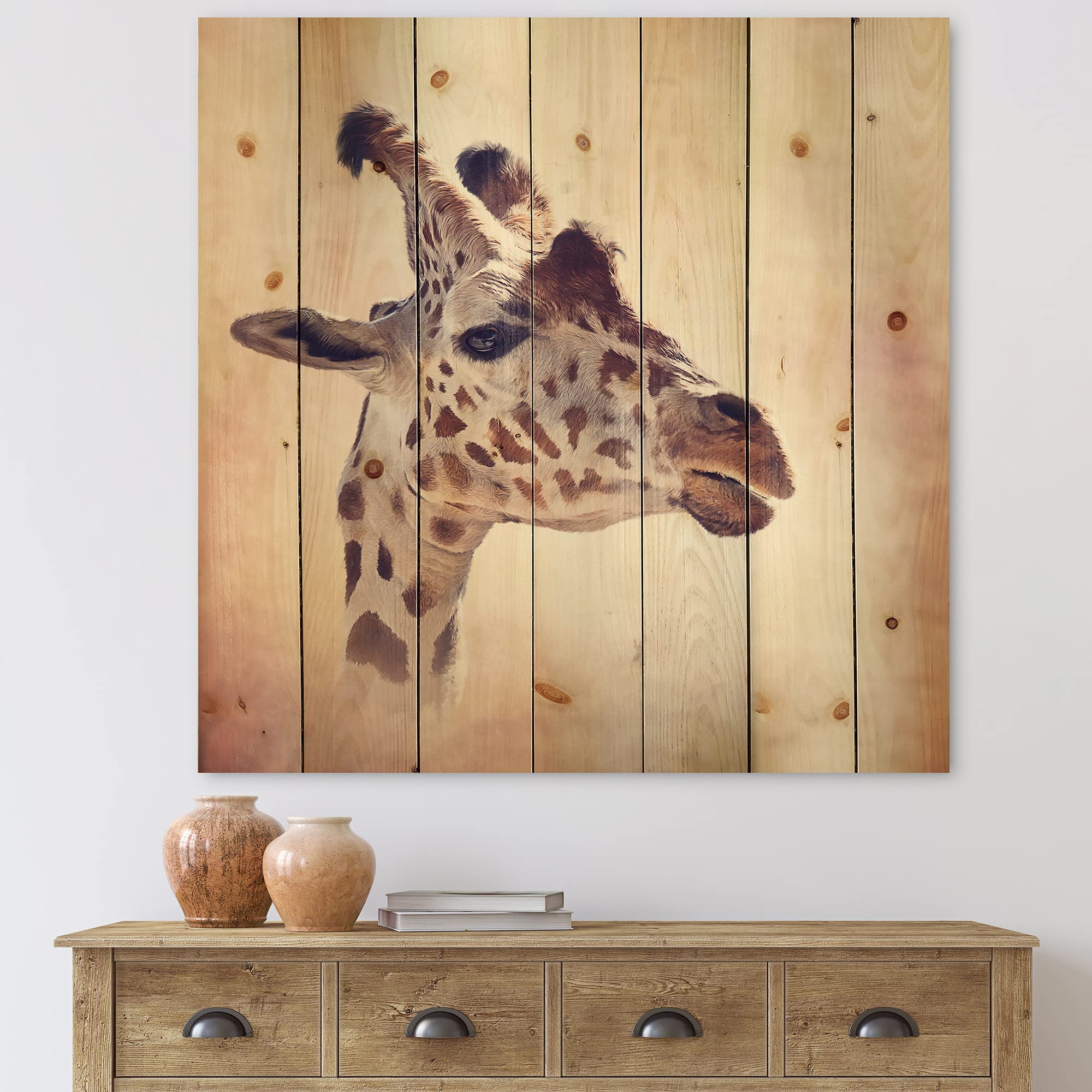 DesignQ Giraffe Portrait III - Farmhouse Wood Wall Decor, Brown Wood Wall Art, Large Animal Wood Panels Printed on Natural Pine - Perfect for Living Room, Bedroom & Nursery Decor