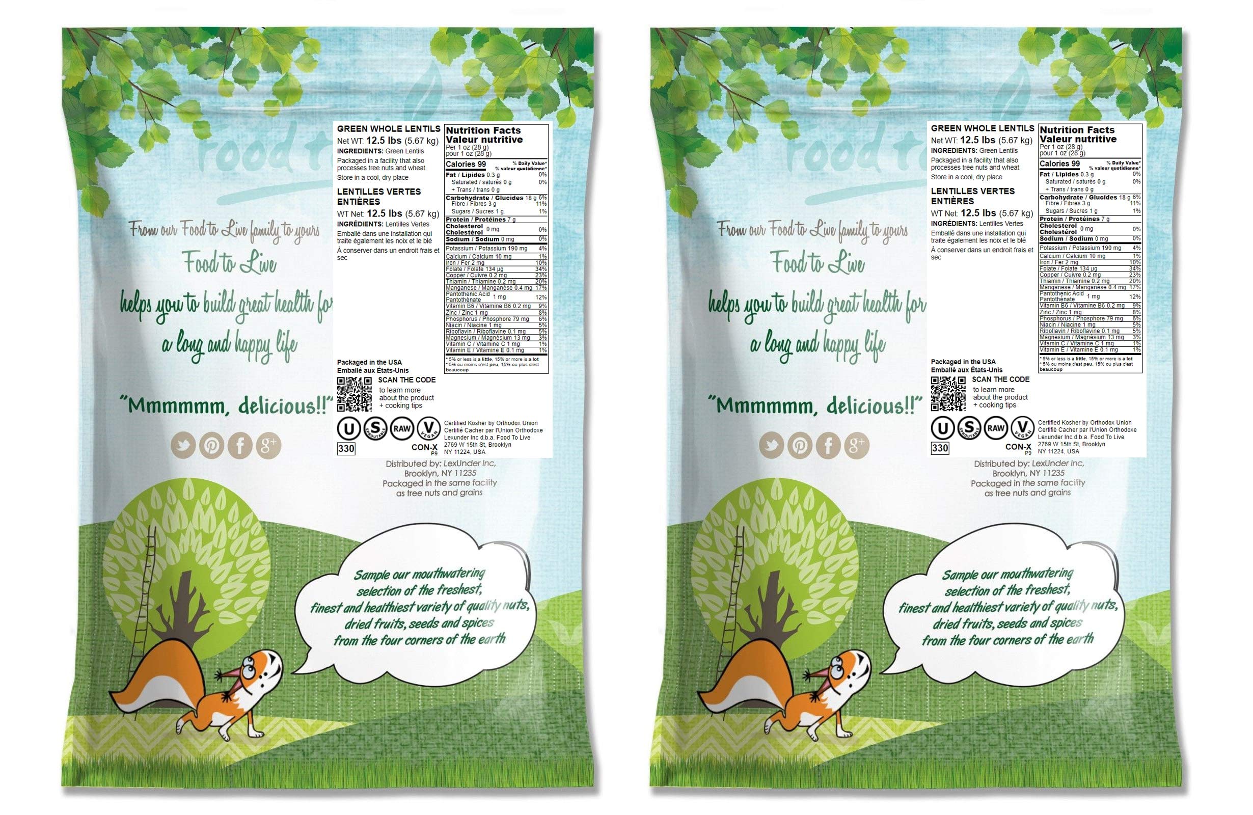 Food to Live - Organic Whole Green Lentils, 25 lbs | Raw Dried Lentils for Sprouting | Kosher & Vegan Certified | High in Fiber & Protein | No Soaking Required | Perfect for Soups, Salads & Healthy Meal Prep
