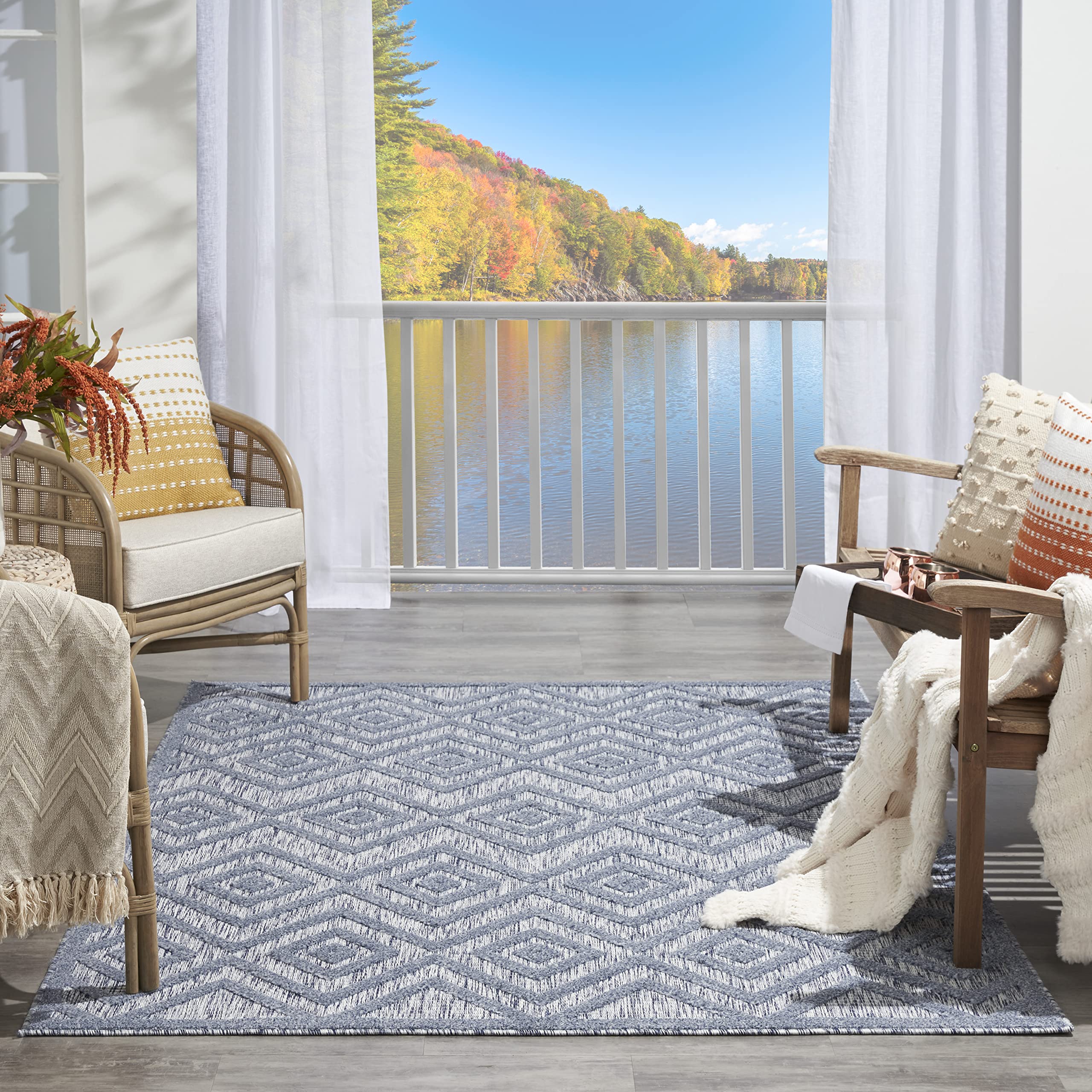 Nourison 6' x 9' Denim Blue Indoor Outdoor Area Rug - Easy Clean, Non-Shedding, Stain Resistant for High Traffic Areas | Perfect for Living Room, Bedroom, Dining Room, Deck, Backyard & Patio Decor
