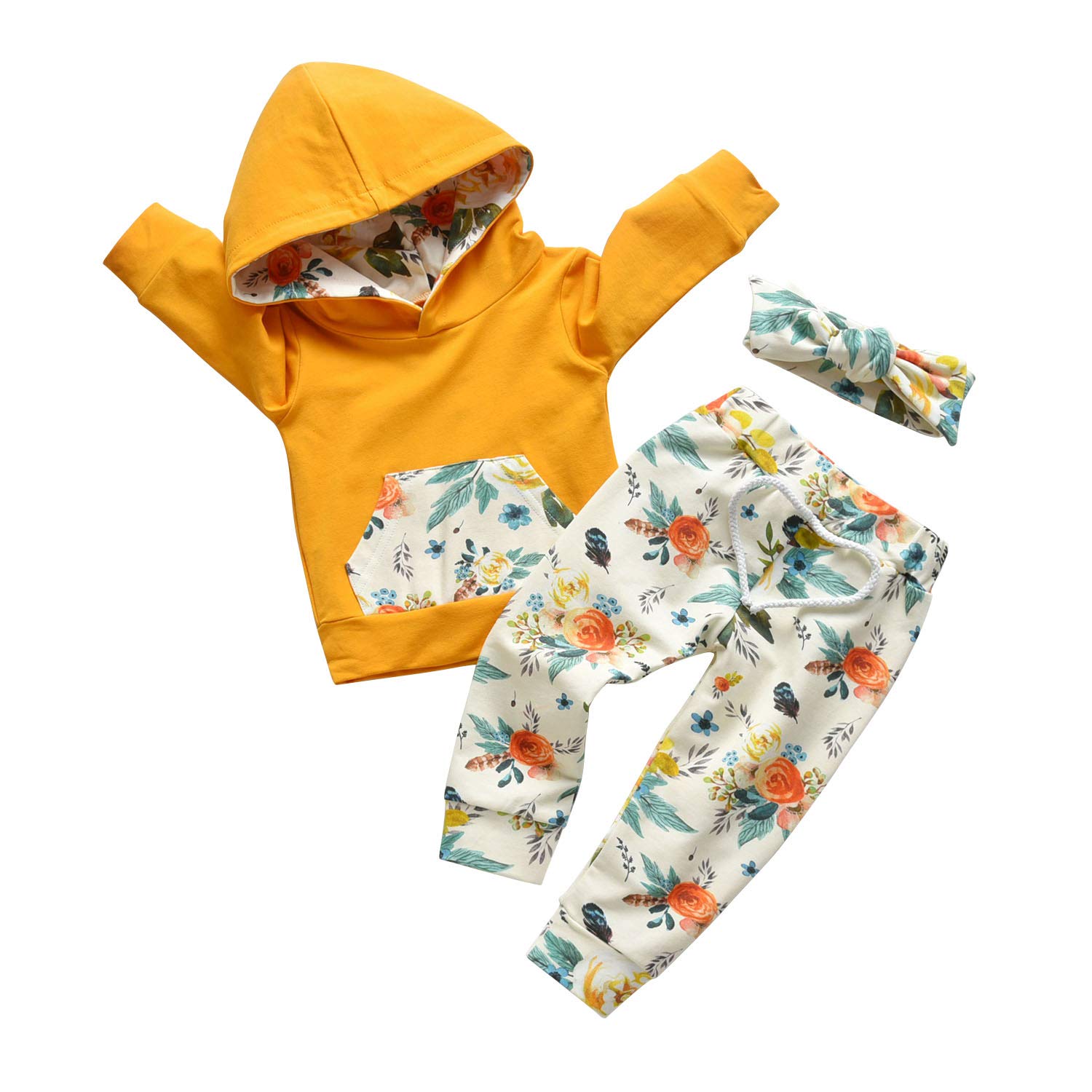 Eghunooy Baby Girl Outfit Set - Floral Long Sleeve Hoodie Sweatshirt with Pants, Pocket & Headband | Cute Toddler Clothes for Playdates, Family Photos & Everyday Wear