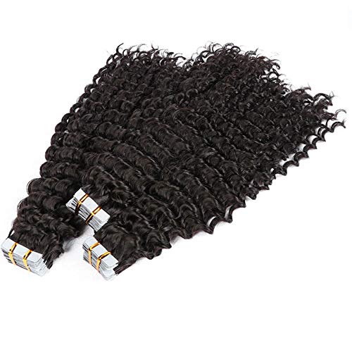 100% Remy Human Hair Tape in Extensions for Black Women - 20 Inch Deep Curly Tape in Hair (40pcs/100g) - Natural Color #1, Invisible Skin Weft for Seamless Blending | Perfect for Daily Wear, Parties & Special Occasions