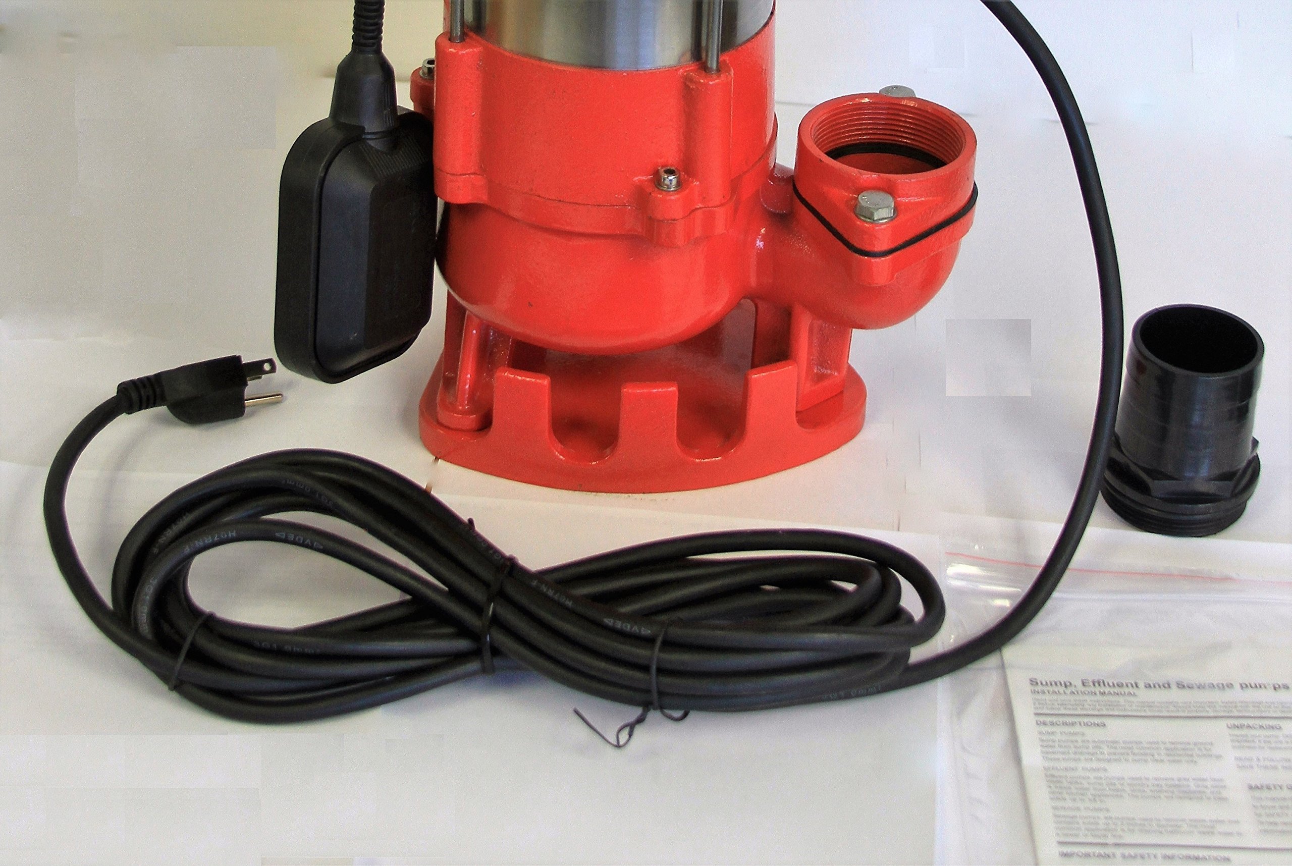 Hallmark Industries MA0387X-8 Heavy Duty Stainless Steel Sewage Pump with Float Switch - 5600 GPM, 3/4 HP, 115V, 38' Lift, 20' Cable - Ideal for Basement Flooding, Septic Systems & Wastewater Removal