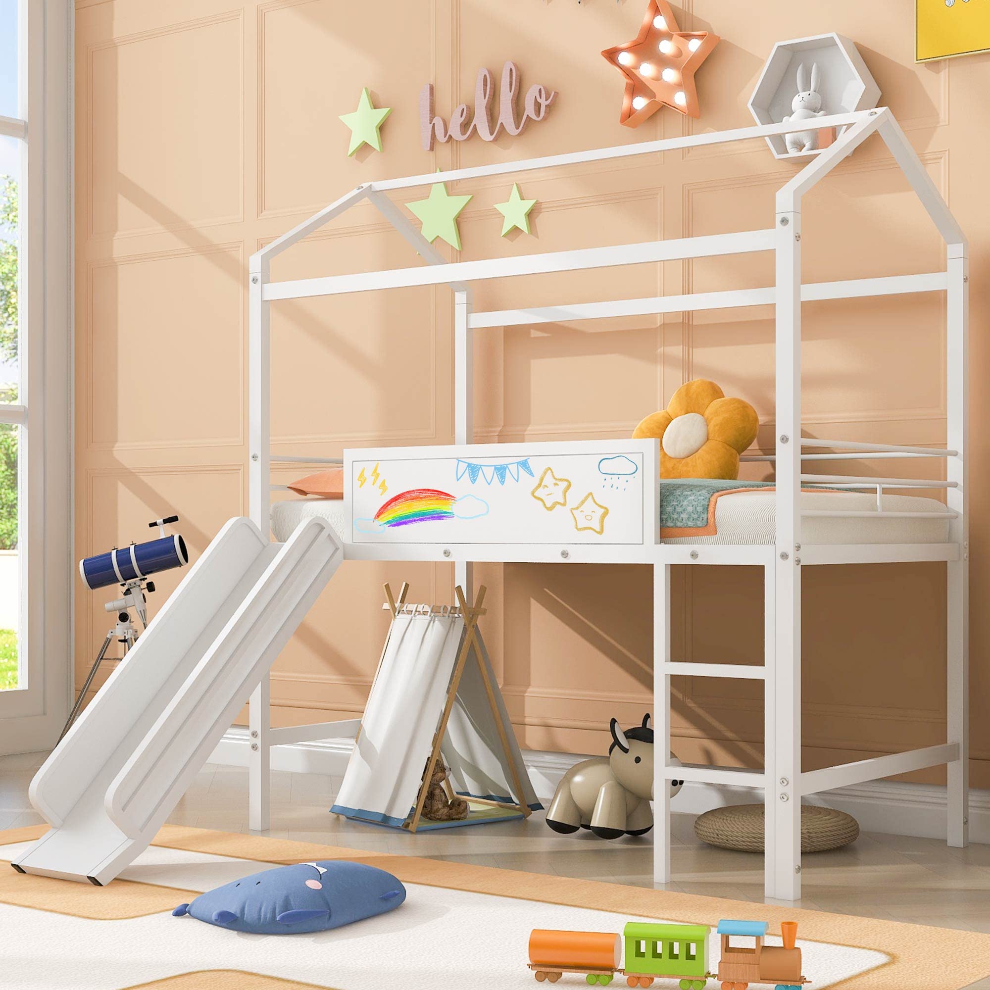 Twin Size Metal Loft Bed with Slide for Kids - Space-Saving Steel House Bed Frame with Writable Wooden Board & Roof - Easy Assembly White Bunk Bed for Boys & Girls Bedroom - Perfect for Small Rooms, Play Areas & Sleepovers