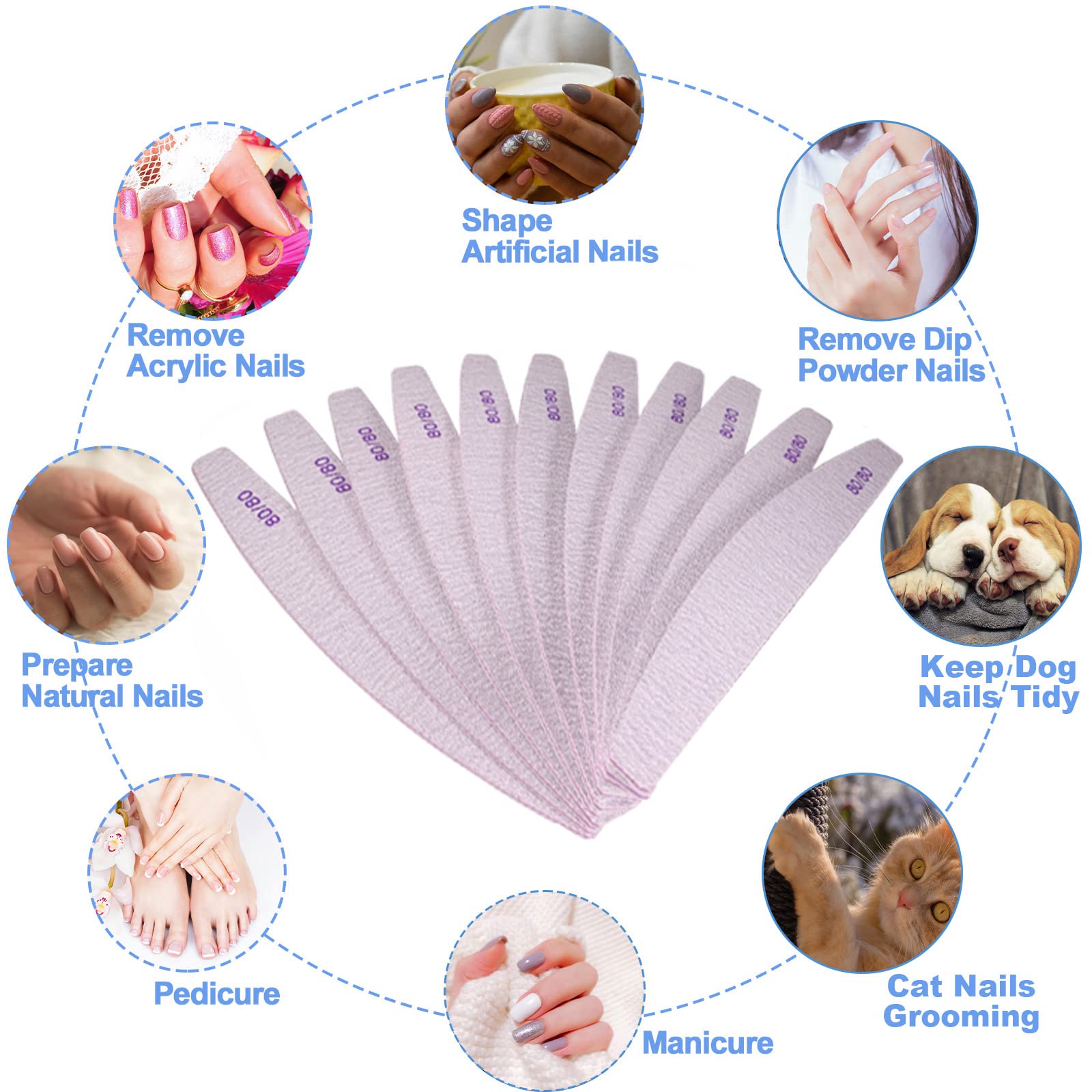 80/80 Grit Nail Files (10 Pack) - Professional Double Sided Emery Boards for Acrylic & Gel Nails - Coarse Washable Reusable Manicure Tools - Perfect for Salon, Home Nail Care & DIY Manicures