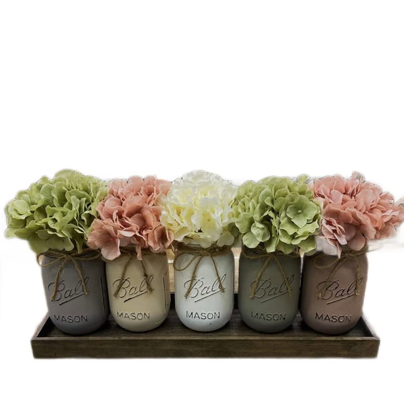 Rustic Farmhouse Mason Jar Centerpiece with Hydrangea Flowers and Wooden Tray - Vintage Home Decor for Dining Table, Living Room, Kitchen - Perfect for Weddings, Parties, and Farmhouse Style Decorating