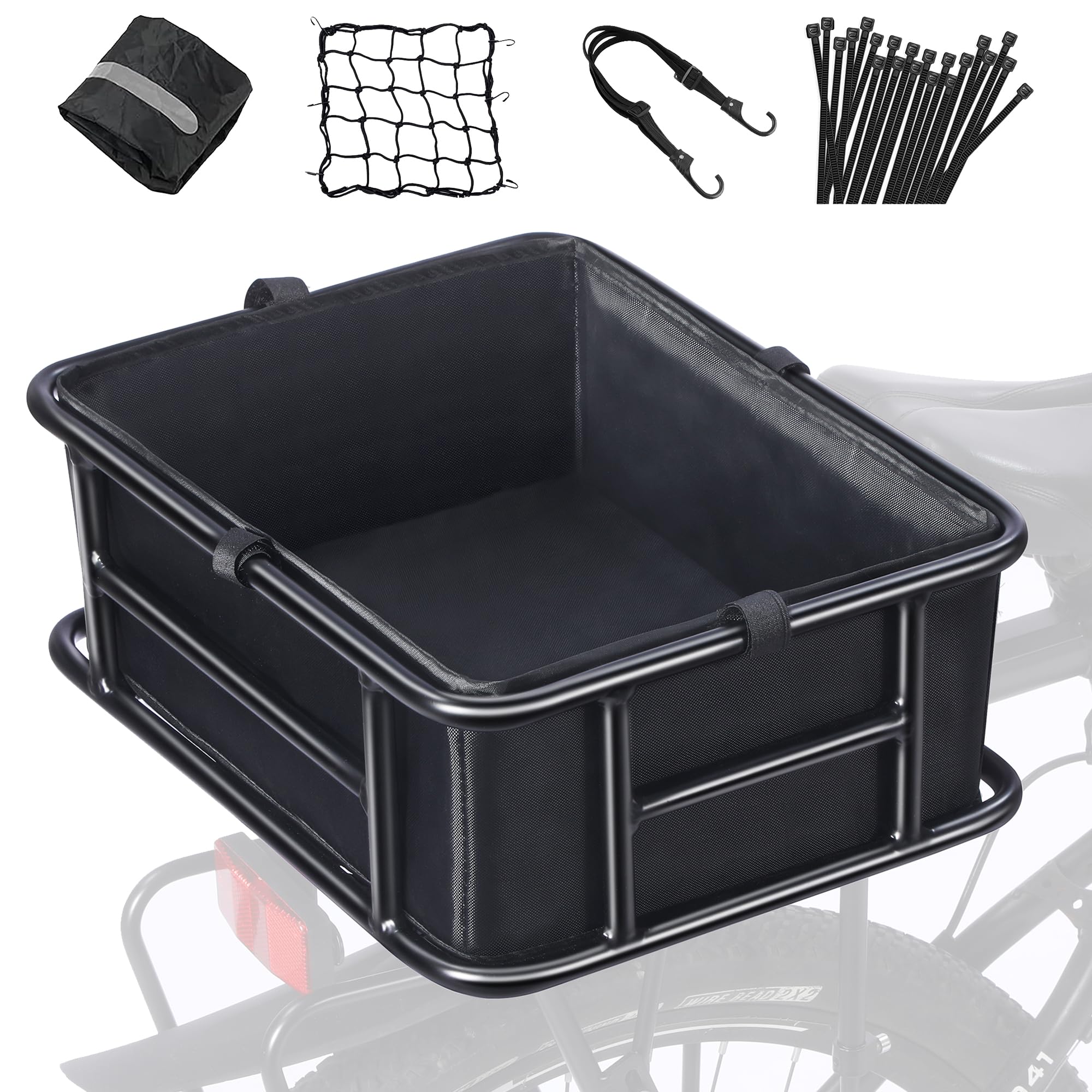 Large Waterproof Rear Bike Basket with Liner, Cargo Net & Bungee Cord - Perfect for Electric Bicycles, Commuting, Grocery Shopping & Outdoor Adventures