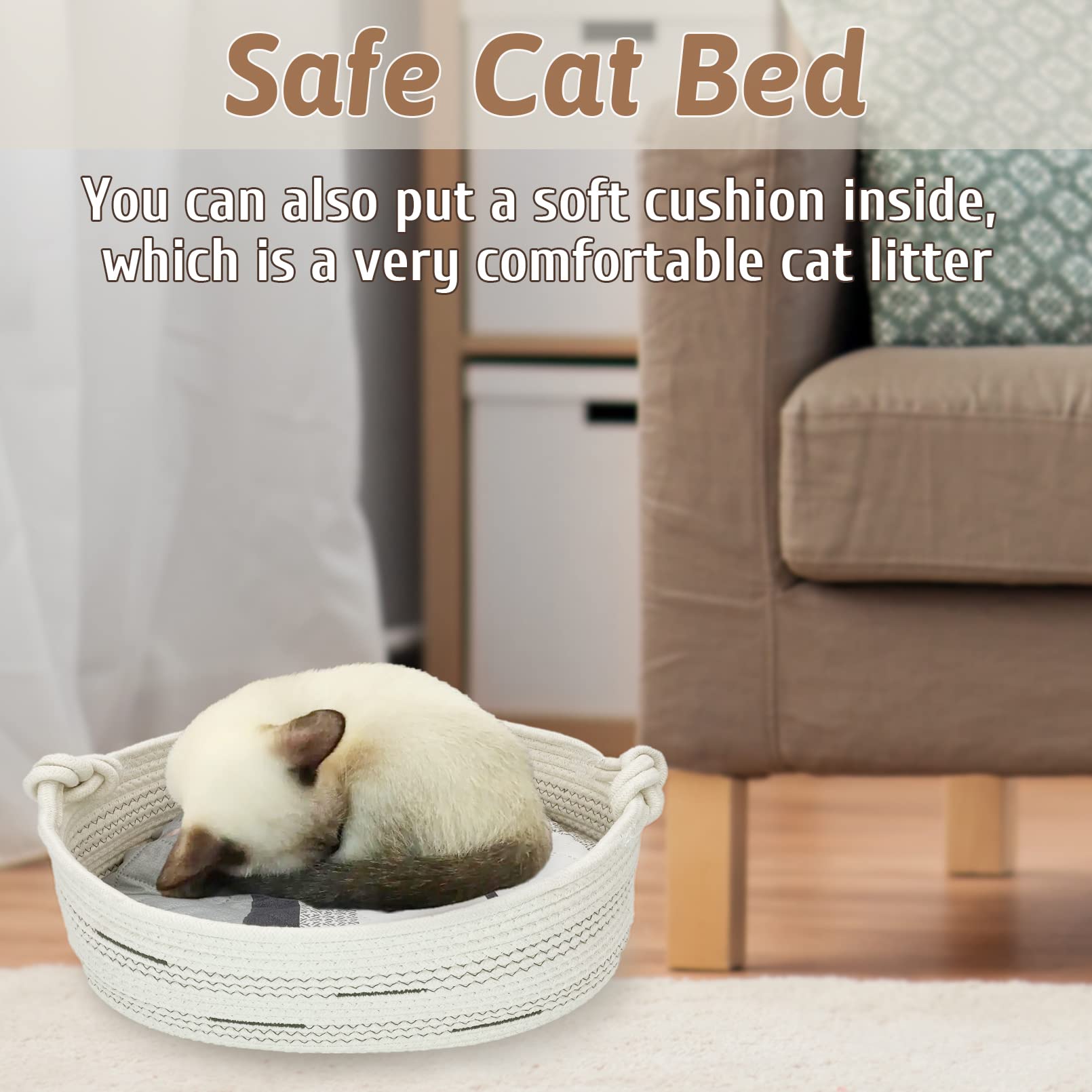 Cotton Rope Dog Toy Basket with Handle - Pet Storage Bin for Toys & Blankets - Beige