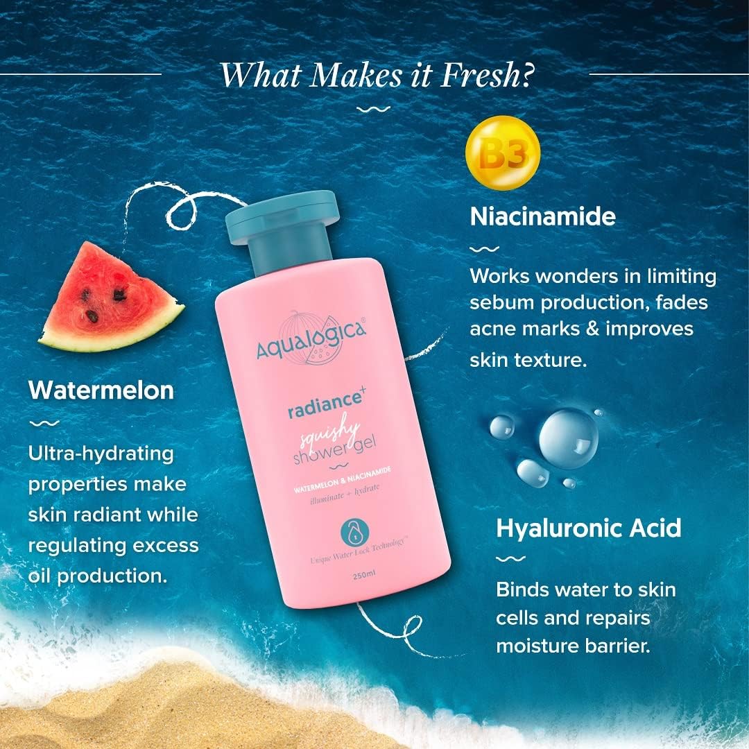 Radiance Squishy Shower Gel with Watermelon & Niacinamide - 250ml Hydrating Body Wash for Soft Skin | Perfect for Daily Shower & Spa Relaxation