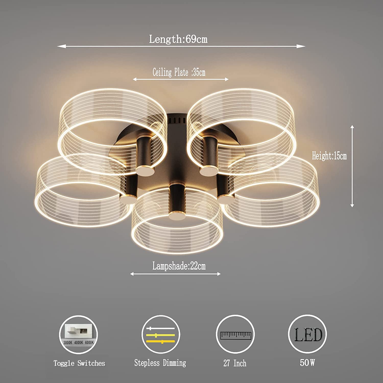 60W LED Ceiling Light with Dimmable Switch, 5 Acrylic Round Flush Mount Chandelier - 3000K/4000K/6500K Color Temperature for Living Room, Bedroom & Dining Room - Modern Home Lighting for Relaxation & Dining Ambiance
