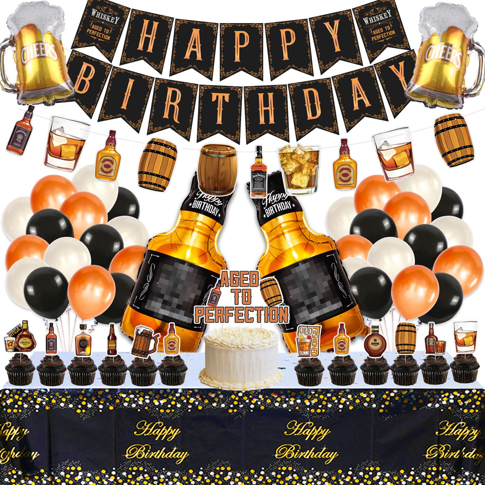 Whiskey Birthday Party Decorations for Men - Aged to Perfection Party Supplies Set with Banner, Garland, Tablecloth, Cake Toppers & Foil Balloons - Perfect for Dad's Whiskey Themed Celebration, 50th Birthday Party or Bourbon Lover's Event