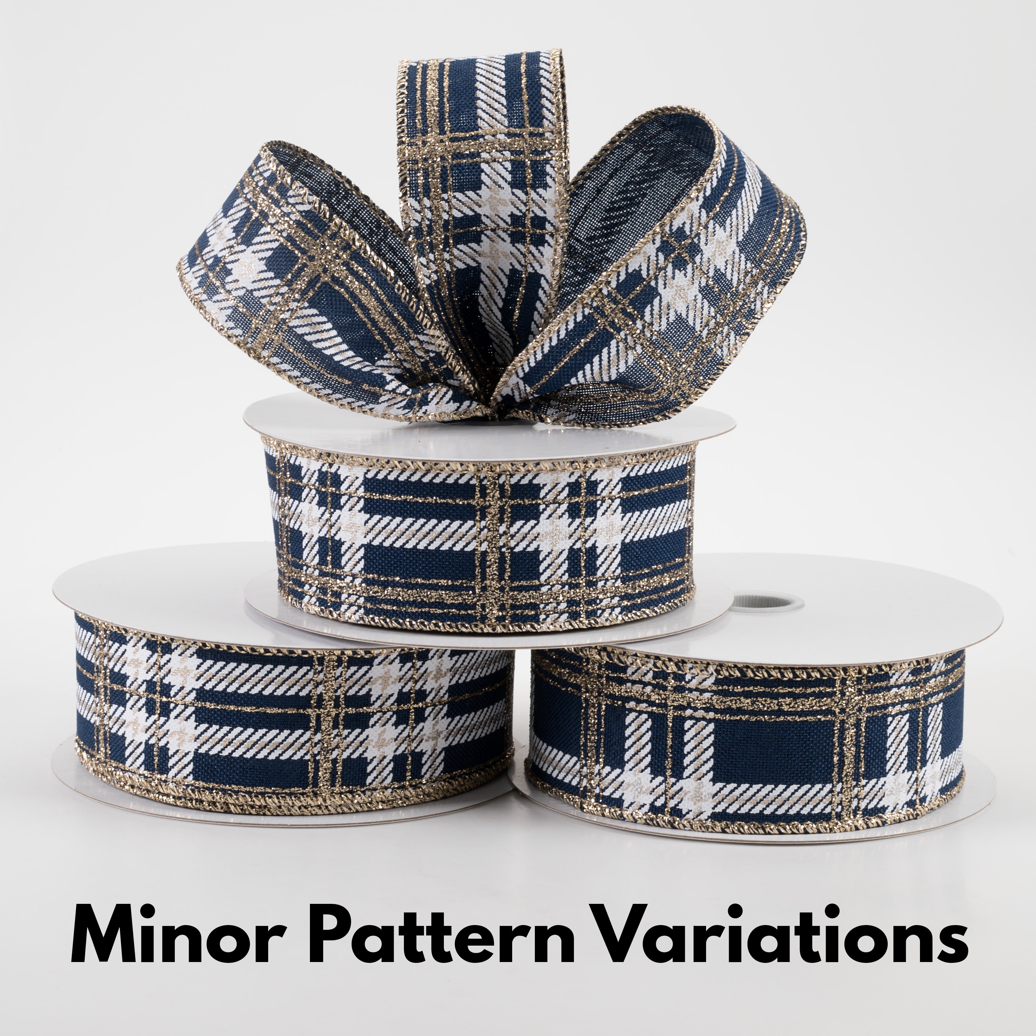 1.5 Inch Plaid Print Ribbon - Navy Linen, White & Champagne Glitter Ribbon for Gift Wrapping, Crafts & DIY Decor (10 Yards)