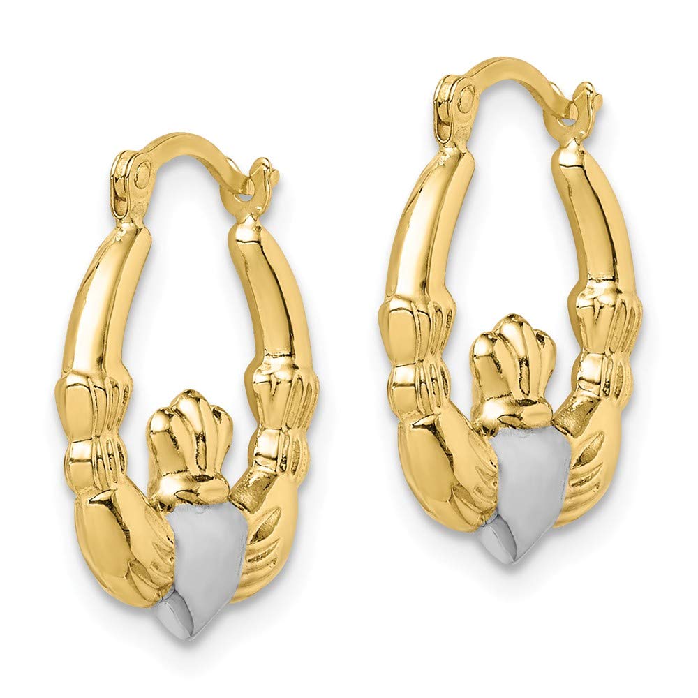 10K Two-Tone Gold & Rhodium Claddagh Hollow Hoop Earrings - White & Yellow Gold Irish Love Knot Jewelry for Women, Perfect for St. Patrick's Day & Celtic Weddings