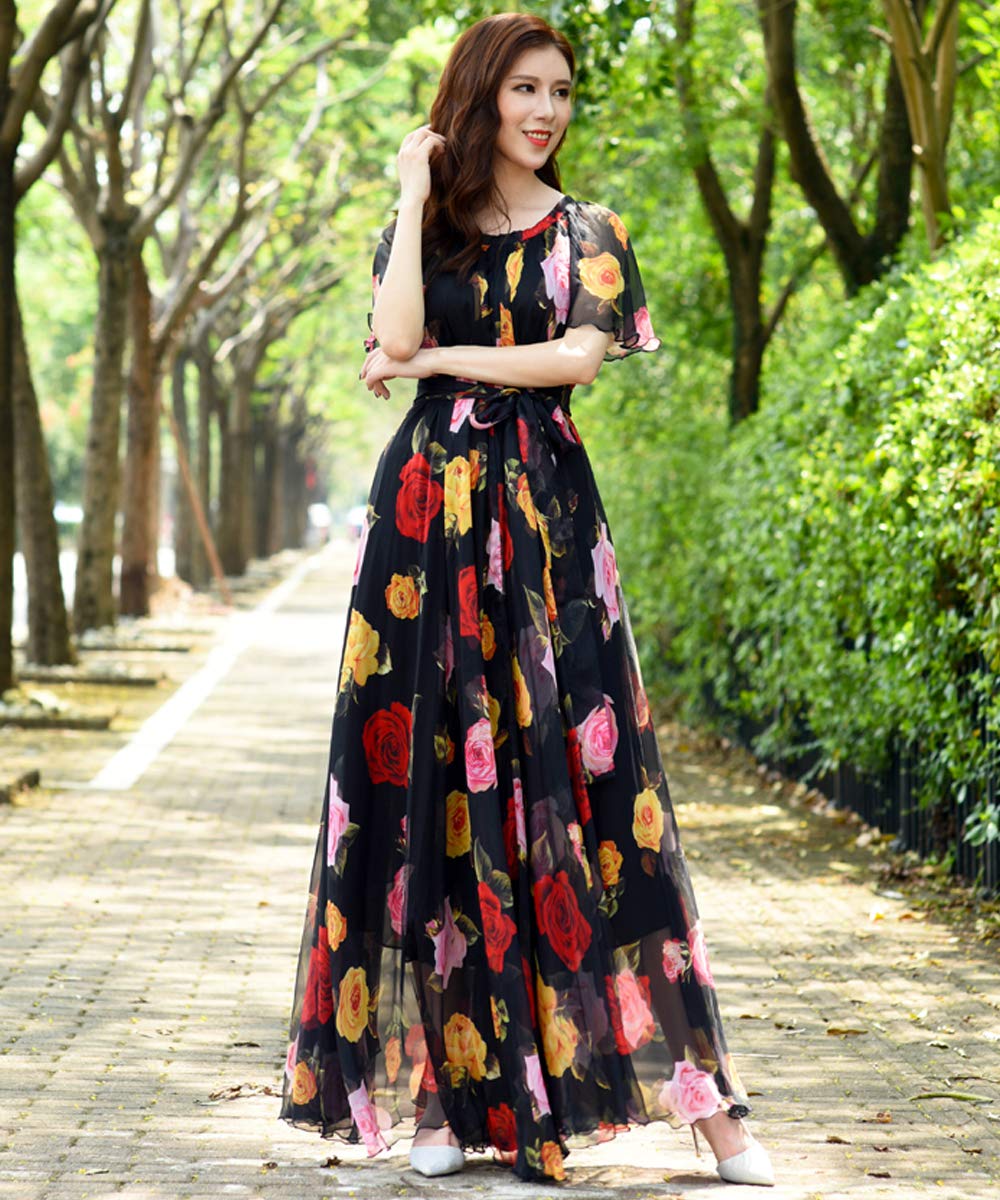 MedeShe Women's Bohemian Floral Print Short Sleeve Maxi Dress - Perfect for Summer Beach Vacations, Music Festivals & Boho Chic Outfits