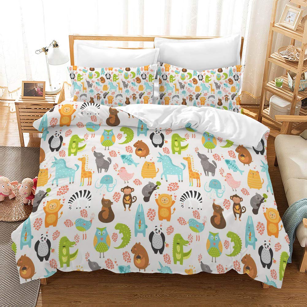REALIN Cartoon Animal Duvet Cover Set - Panda, Bear, Squirrel & Hedgehog Designs | 2/3/4PC Bedding Set with Quilt Cover, Sheets & Pillow Shams | Twin/Full/Queen/King Size (Queen-228x228cm-4PC) | Perfect for Kids' Rooms, Nursery Decor & Cozy Bedroom Makeovers