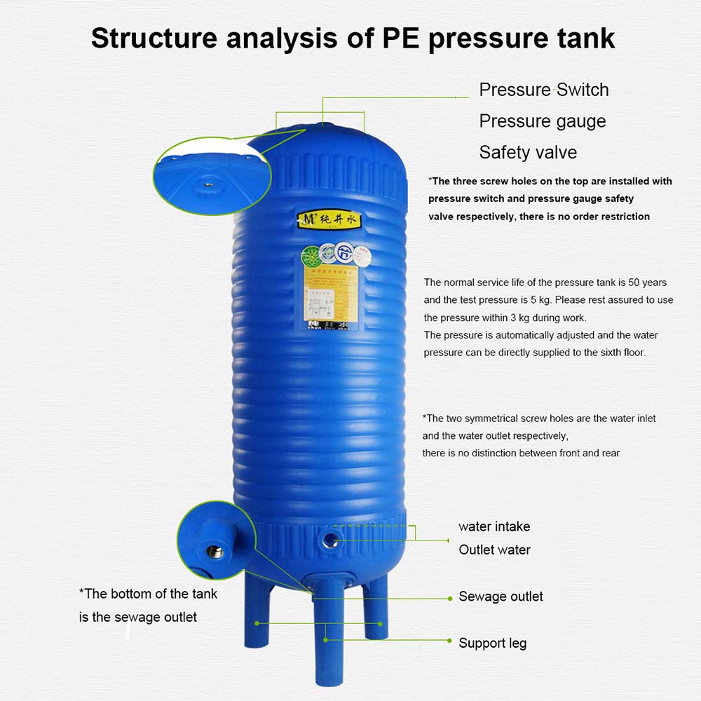 PE Fully Automatic Pressure Tank Container - Household Water Booster Pump & Storage Tank for Tap/Well Water - Reverse Osmosis Expansion Water Tank for Home Water Supply System (Ideal for RO Systems, Residential Water Pressure Boosting & Emergency Water Storage)