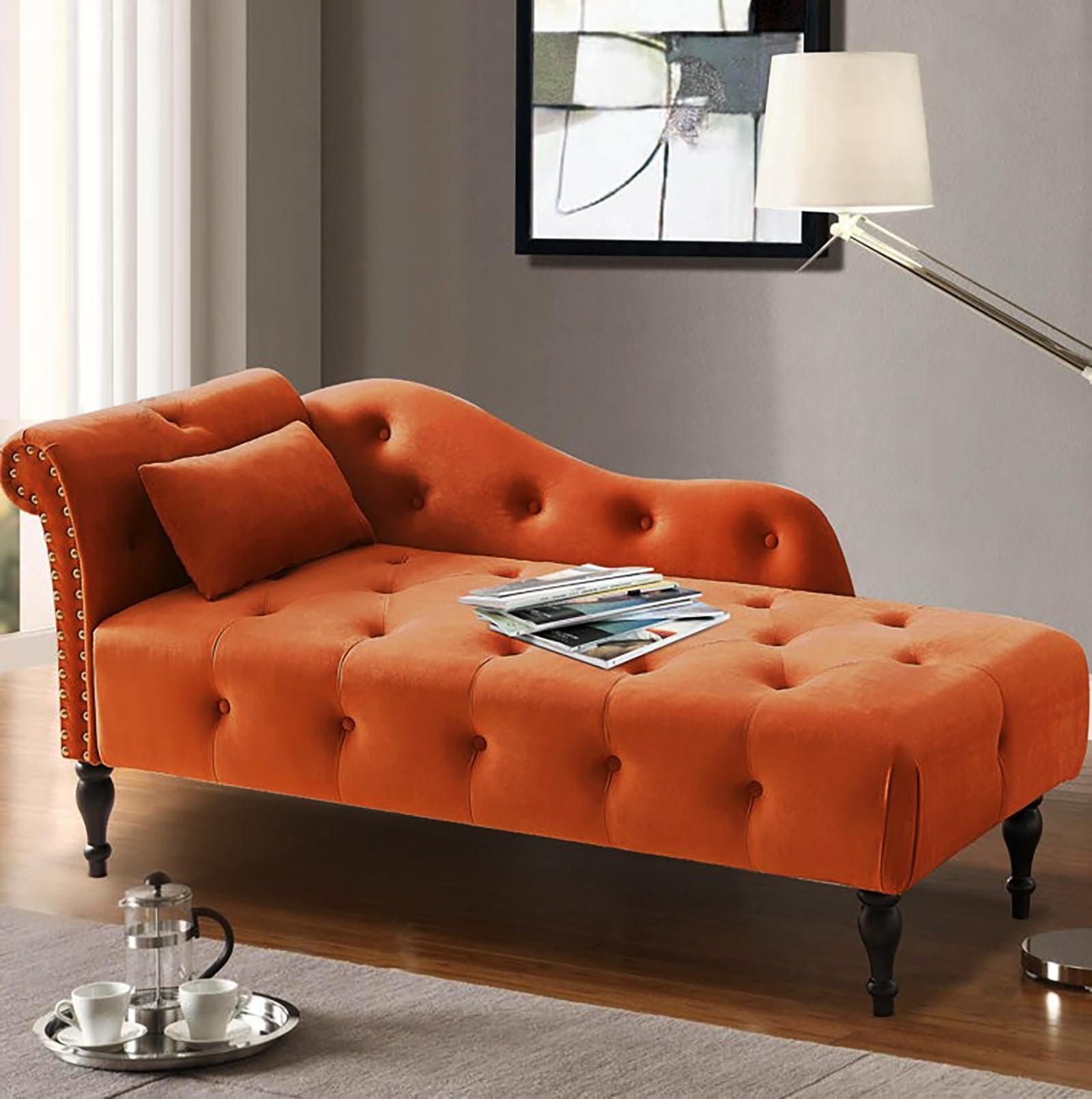 Anwick Tufted Fabric Chaise Lounge Chair - Modern Upholstered Recliner for Living Room, Bedroom & Office - Comfortable Sleeper Sofa in Orange - Perfect for Relaxing, Napping & Small Space Decor
