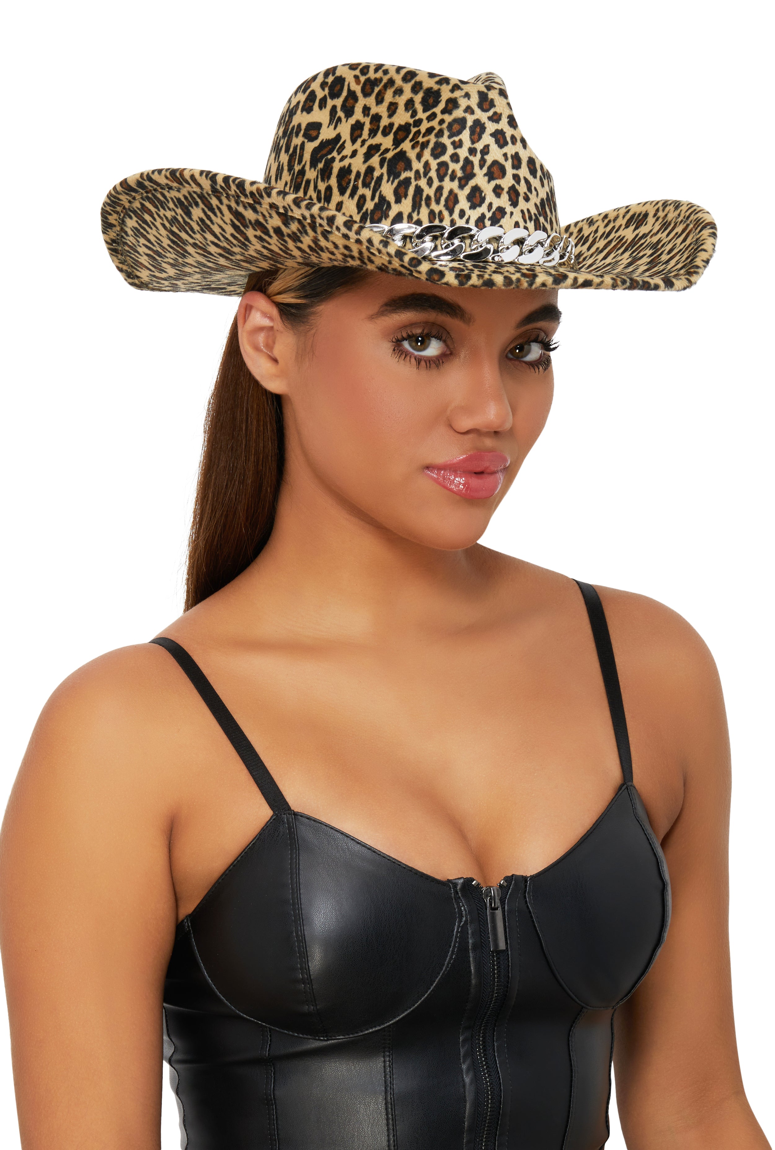 Stylish Animal Print Cowboy Hat with Chain Detail - Western Fashion Accessory for Women | Perfect for Rodeo, Country Music Festivals & Outdoor Adventures