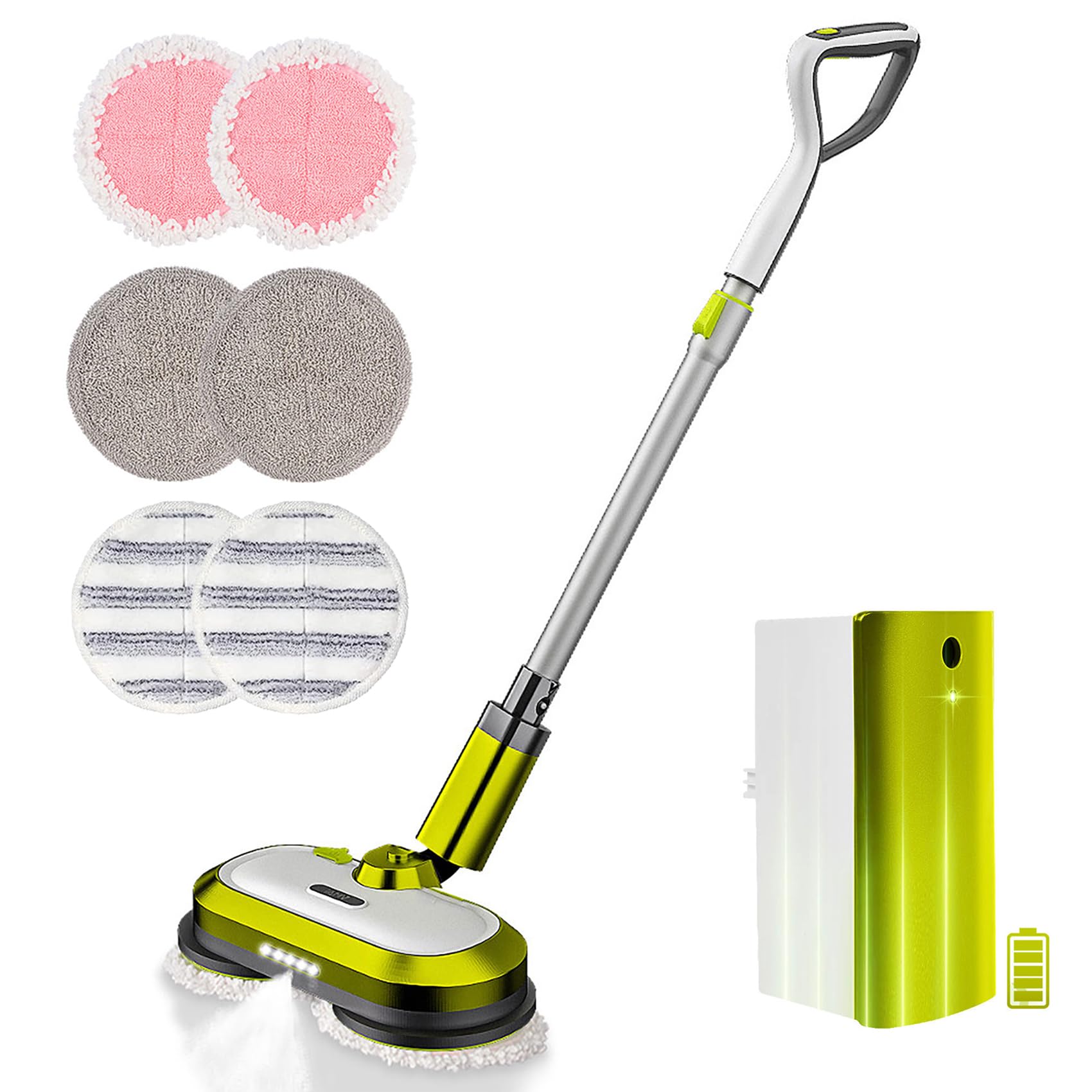 Cordless Electric Spin Mop with LED Headlight & Water Spray - 60 Min Runtime, 300ml Detachable Tank, Super Quiet Floor Cleaner & Waxing Machine - Perfect for Hardwood, Tile & Laminate Floors