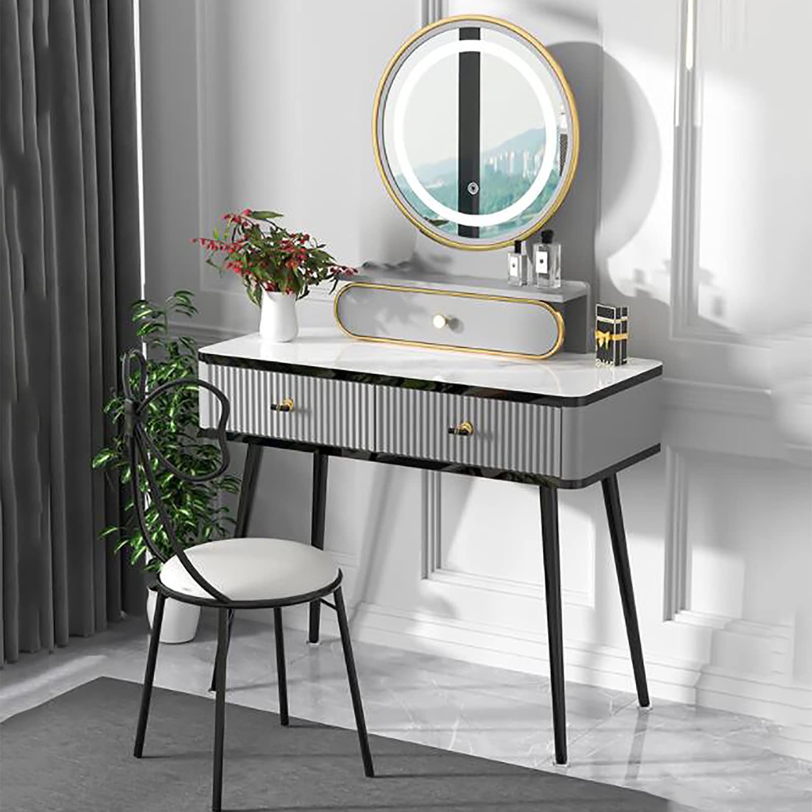 Vanity Makeup Dressing Table with Round Mirror, Adjustable Brightness & Cushioned Stool - Study Desk with Storage Drawers for Bedroom, Bathroom or Dressing Room
