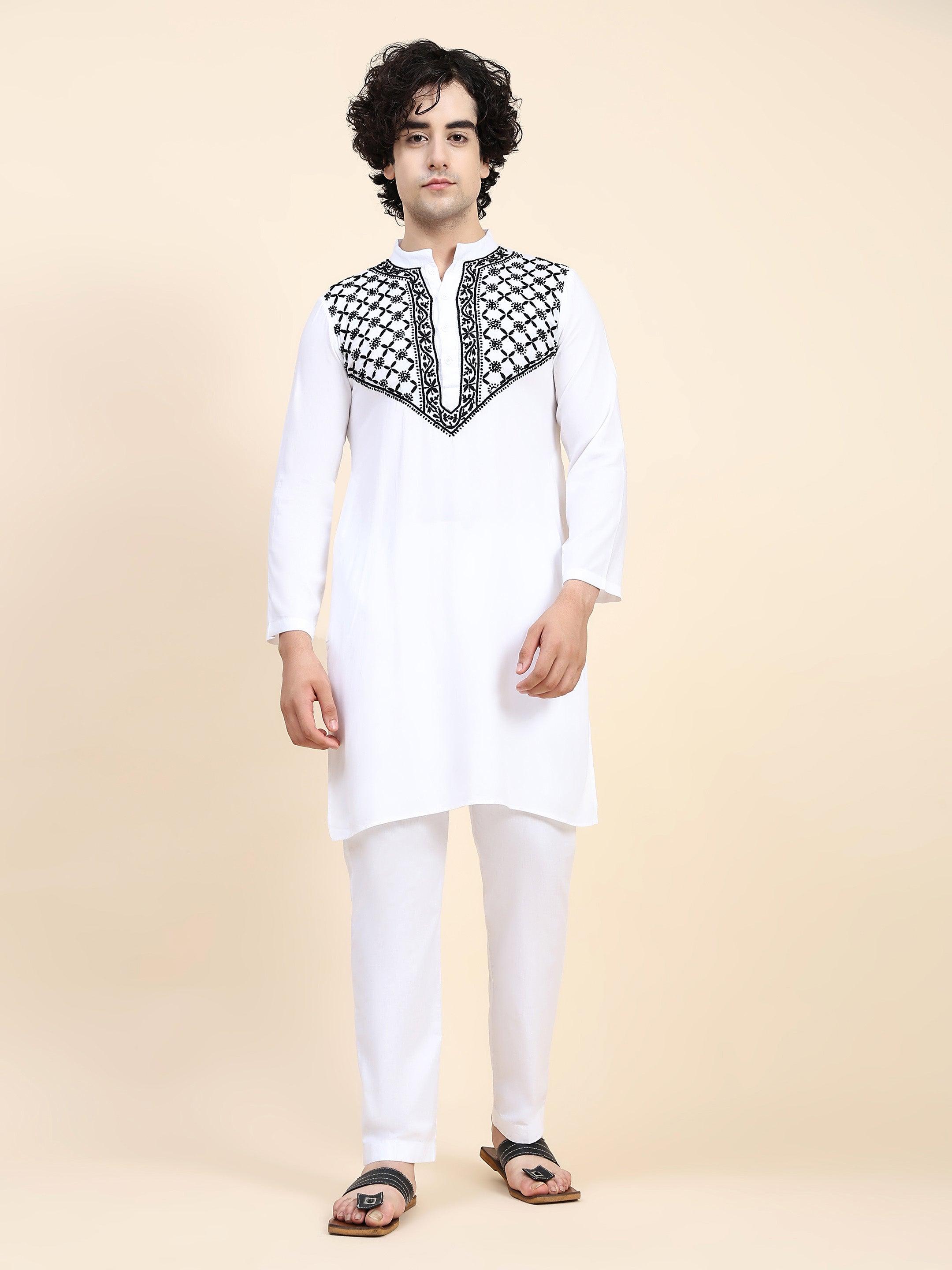 HOK Men's Chikankari Kurta - White Rayon Cotton Traditional Indian Tunic - Perfect for Festivals, Weddings & Cultural Events