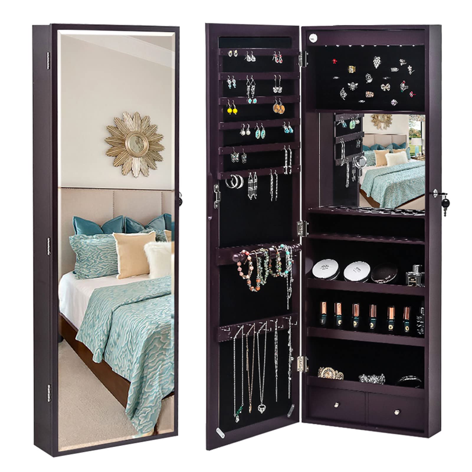 Tesmula Full Mirror Wooden Wall Mounted 3-Tier Shelf with 17 Cosmetic Brush Holders, Built-In Mirror & 8 Blue LED Lights - Dark Brown Bathroom Vanity Organizer for Makeup Storage and Display