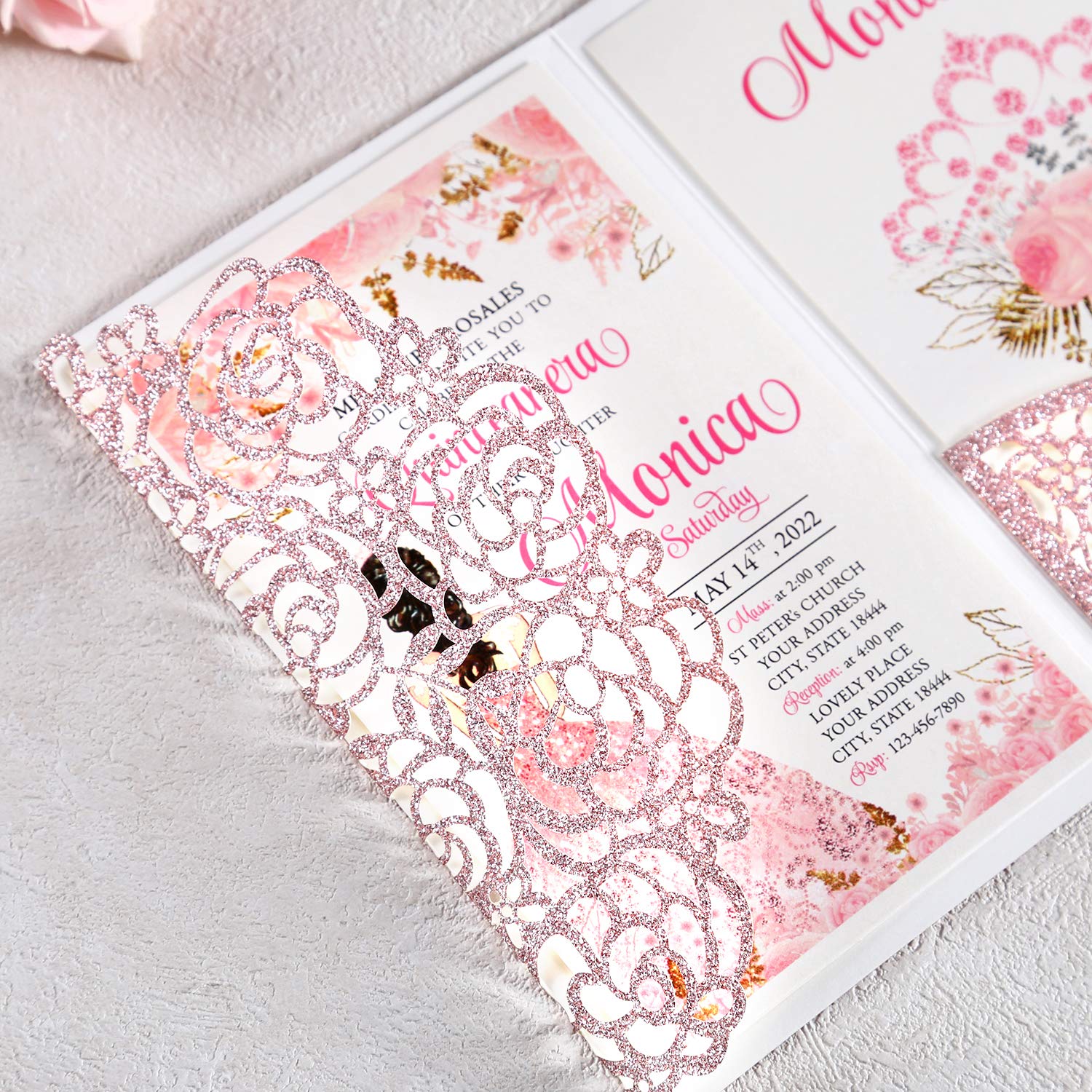 4.7x7 Inch 50PCS Personalized Rose Gold Glitter Quinceanera Invitations Kit - Laser Cut Hollow Rose Design with Envelopes - Perfect for Sweet 15, Quinceañera Celebrations & Birthday Party Invitations