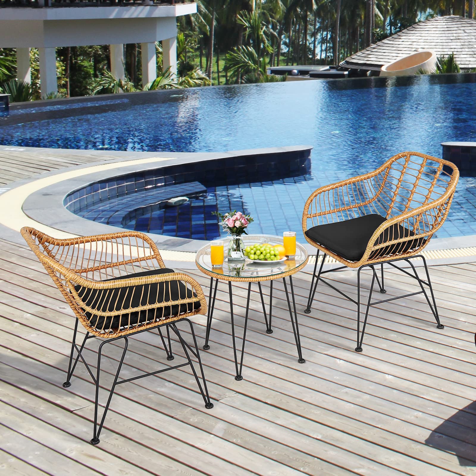 Tangkula 3-Piece Patio Bistro Set - Rattan Wicker Conversation Set with 2 Cushioned Armchairs & Round Glass Coffee Table - Indoor Outdoor Furniture for Balcony, Backyard, Garden, Poolside - Perfect for Relaxing, Entertaining & Outdoor Dining
