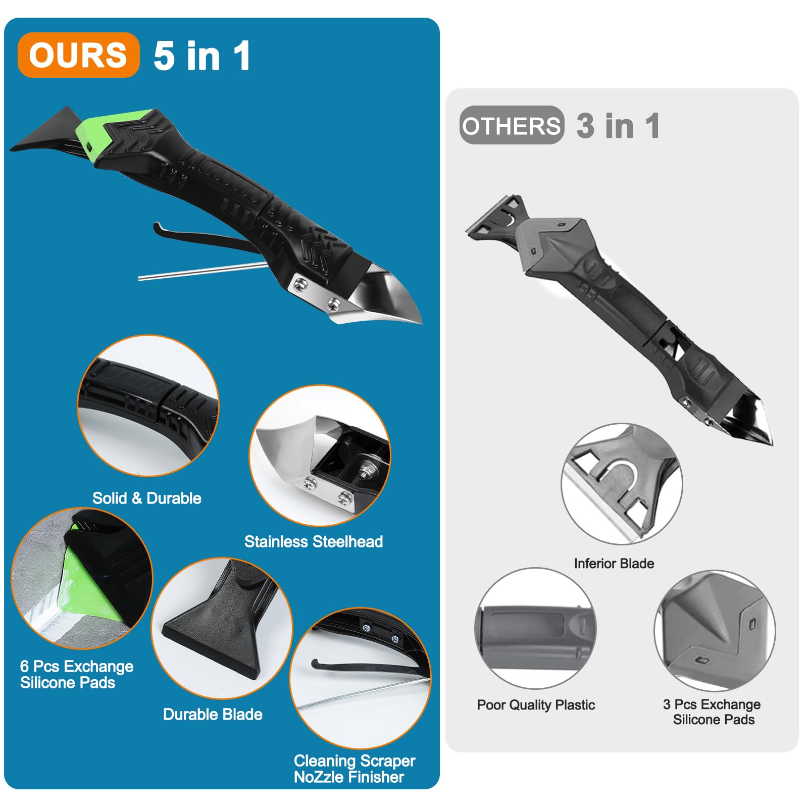 5-in-1 Silicone Caulking Tool Kit with Grout Scraper & Adhesive Remover - Professional Sealant Removal & Seam Repair Tools for Kitchen, Bathroom, Tile & Home Improvement Projects